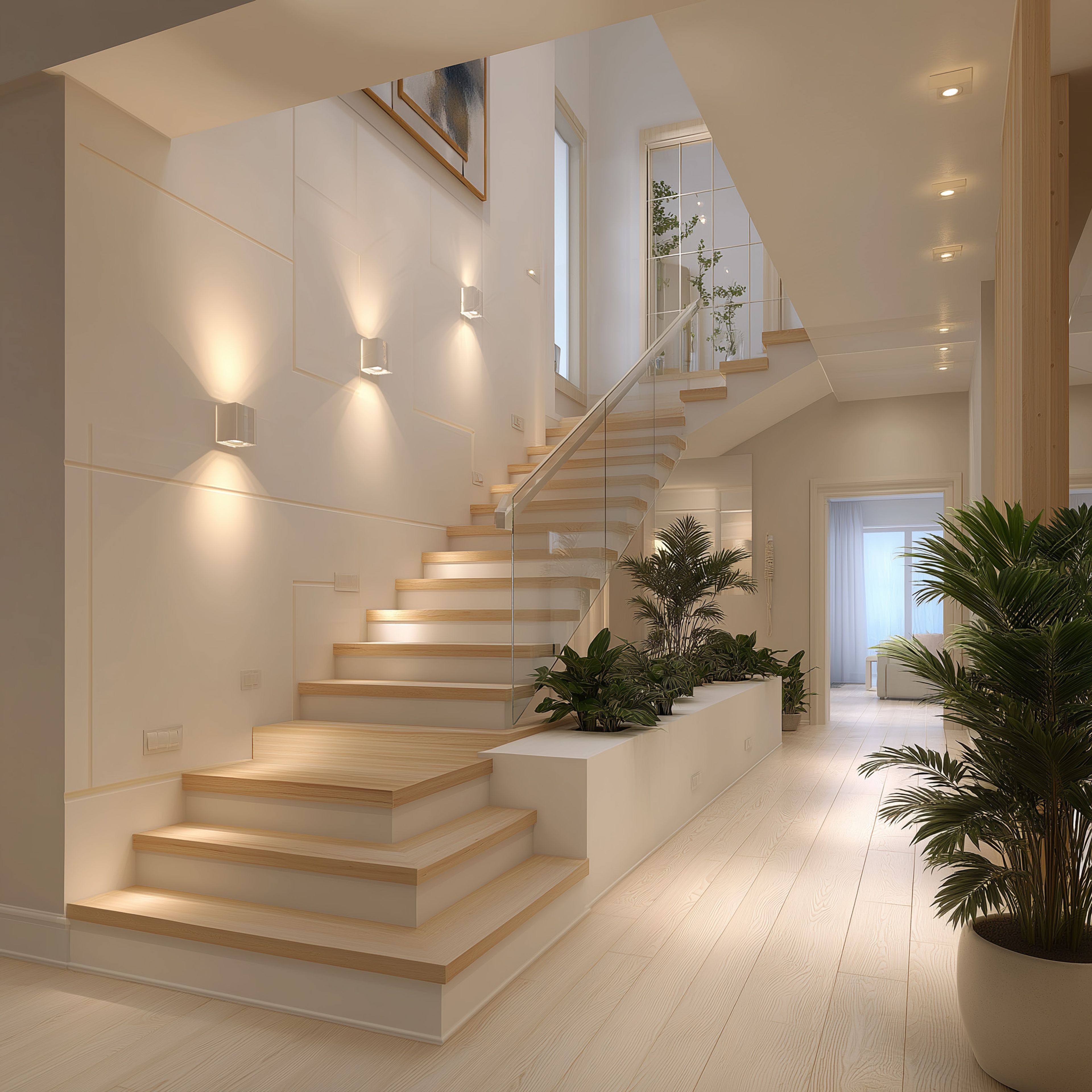 Minimal Staircase Design with L-Shaped Layout and Floating Wood Treads