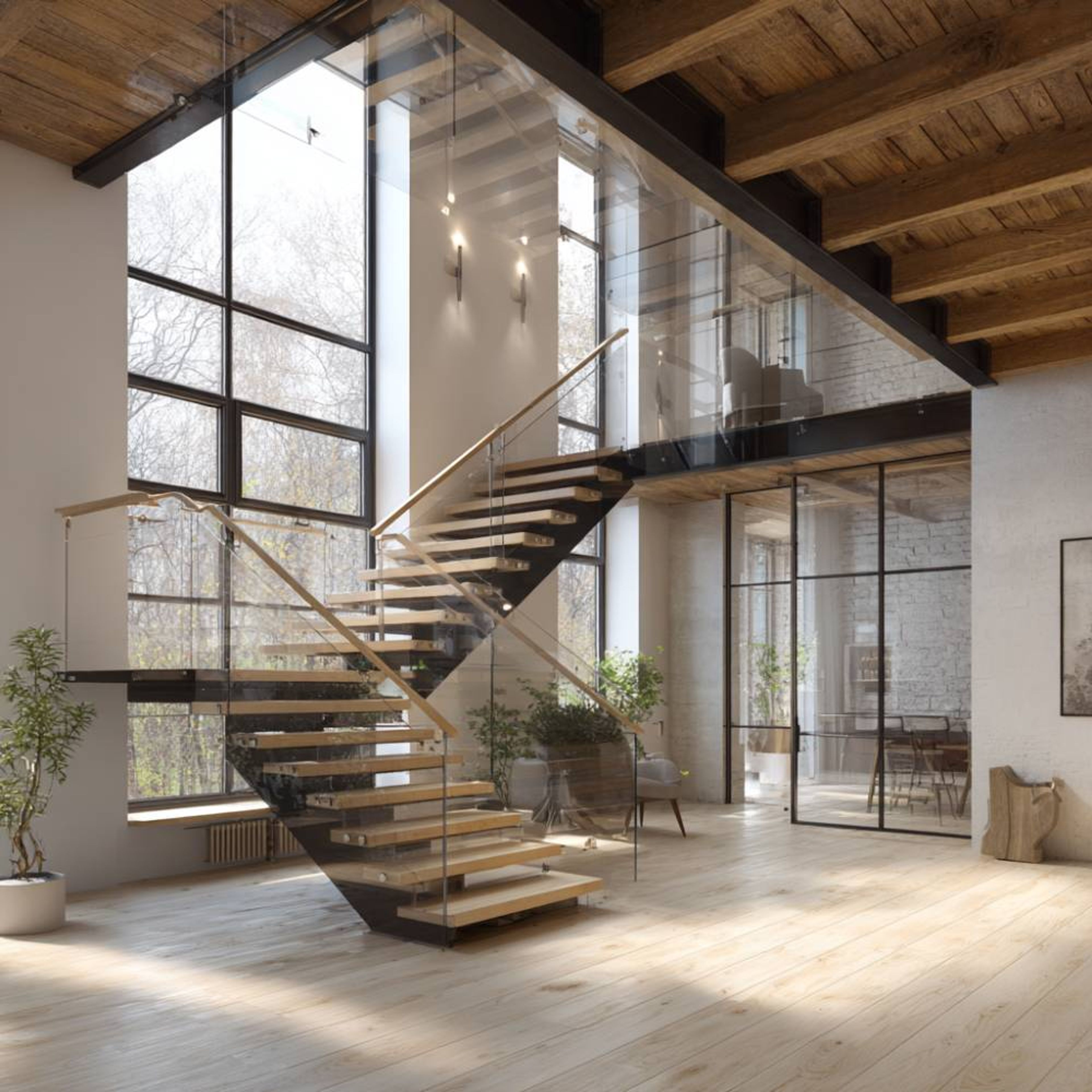 Modern L-Shaped Staircase Design with Wood Steps and Glass Railings