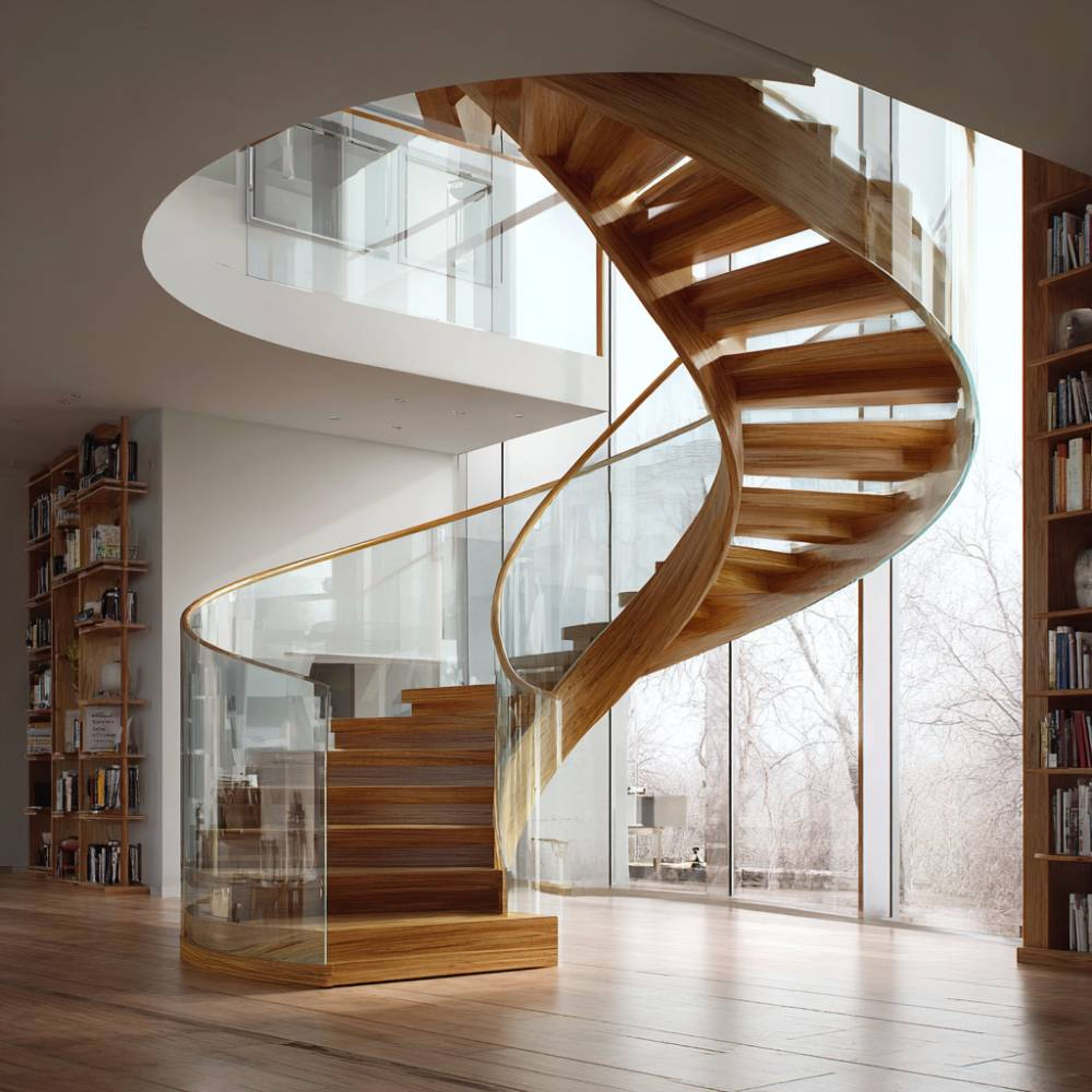 Modern Spiral Staircase Design with Wooden Steps and Curved Glass Railings
