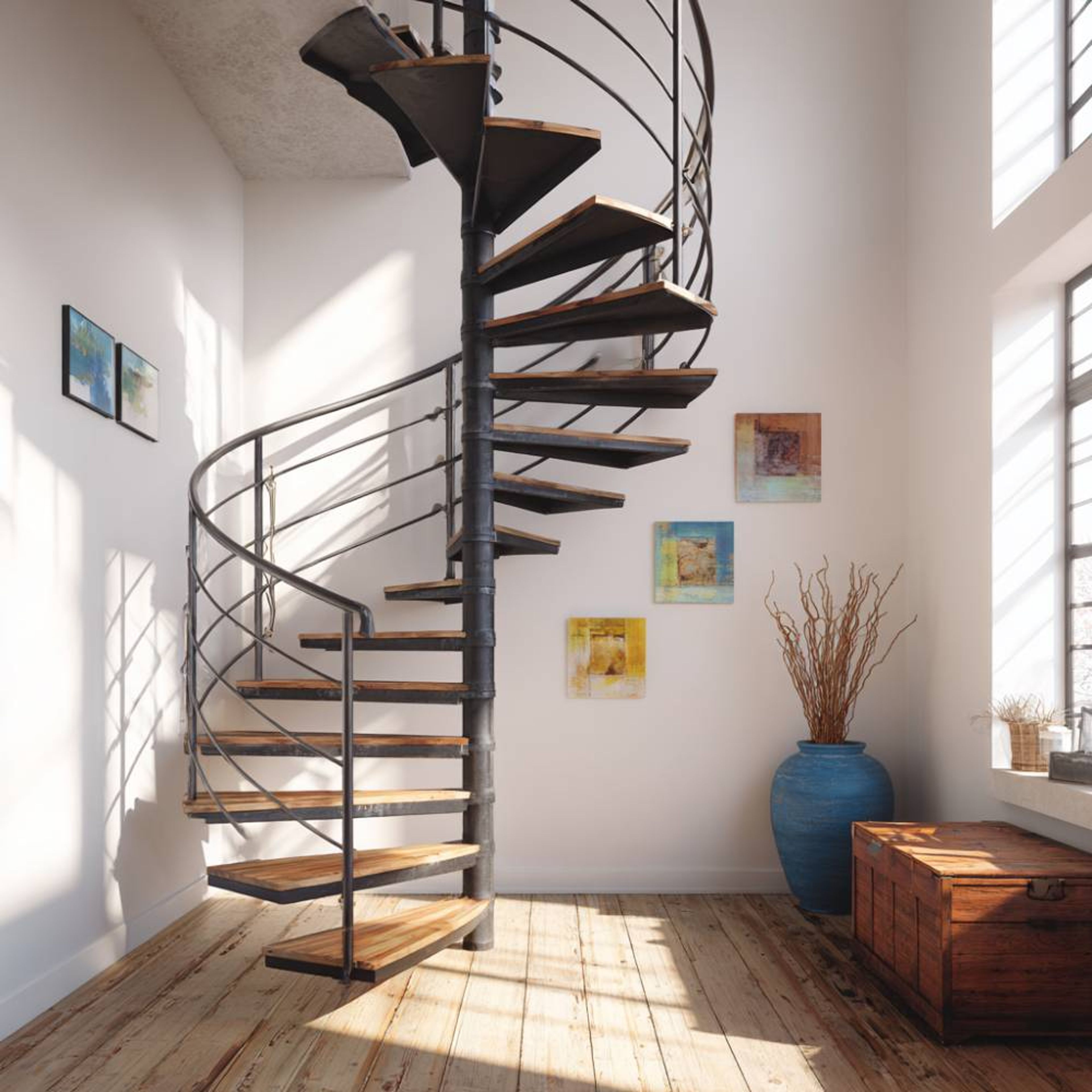 Spiral Modern Staircase Design with Wooden Steps and Metal Handrail