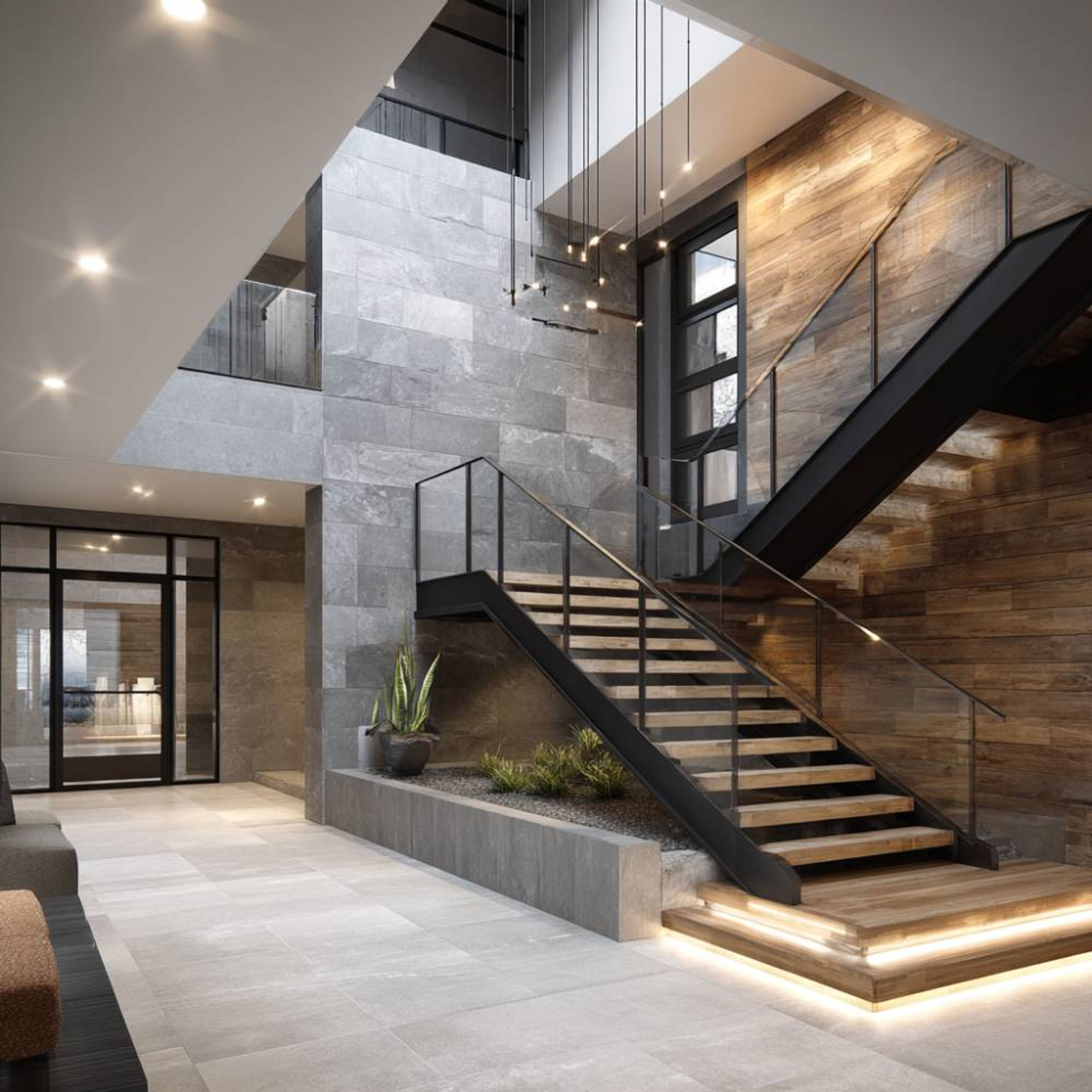 Modern L-Shaped Staircase Design Blending Wood Glass and Metal Materials
