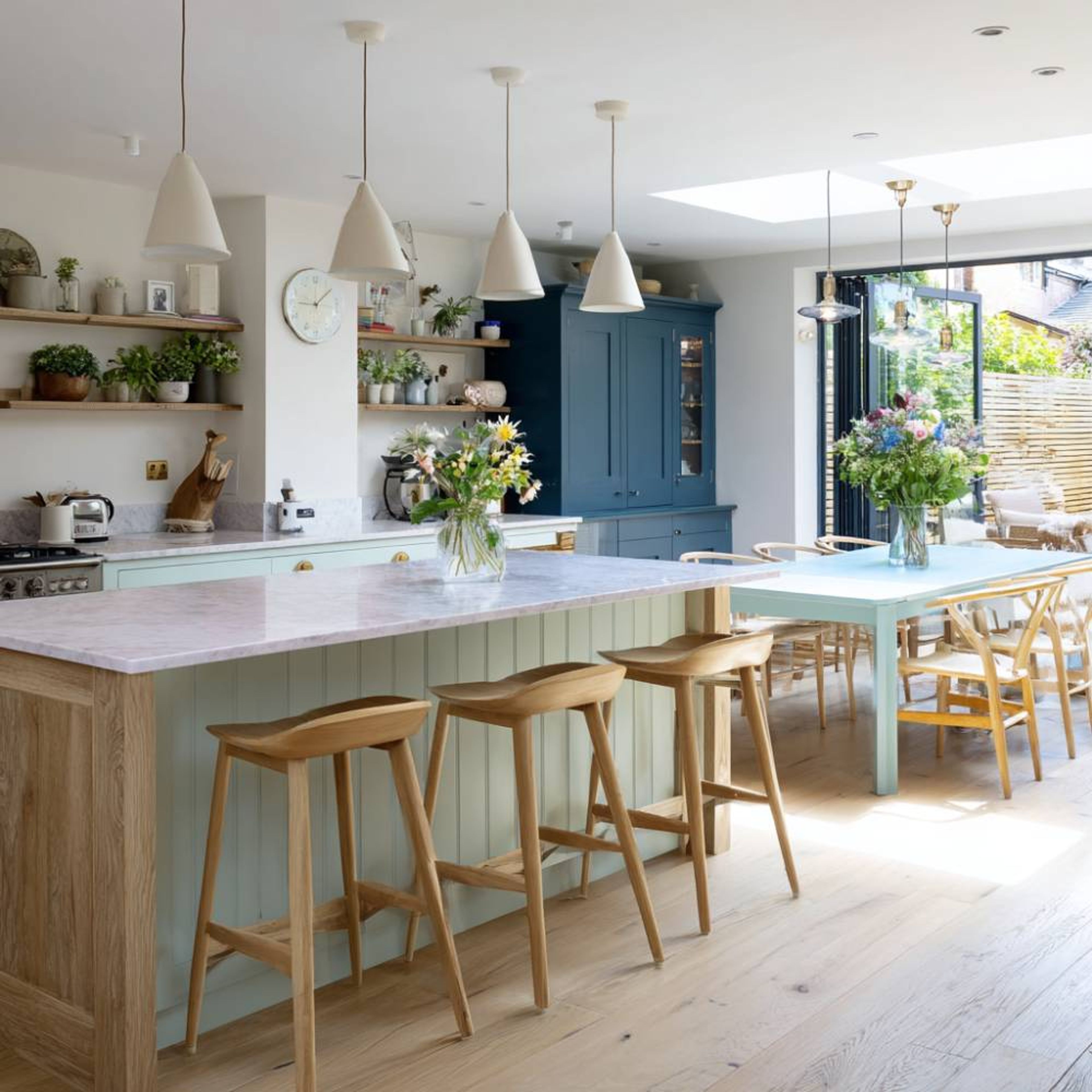 Space Saving Kitchen Design With Lilac Island And Blue Cabinets