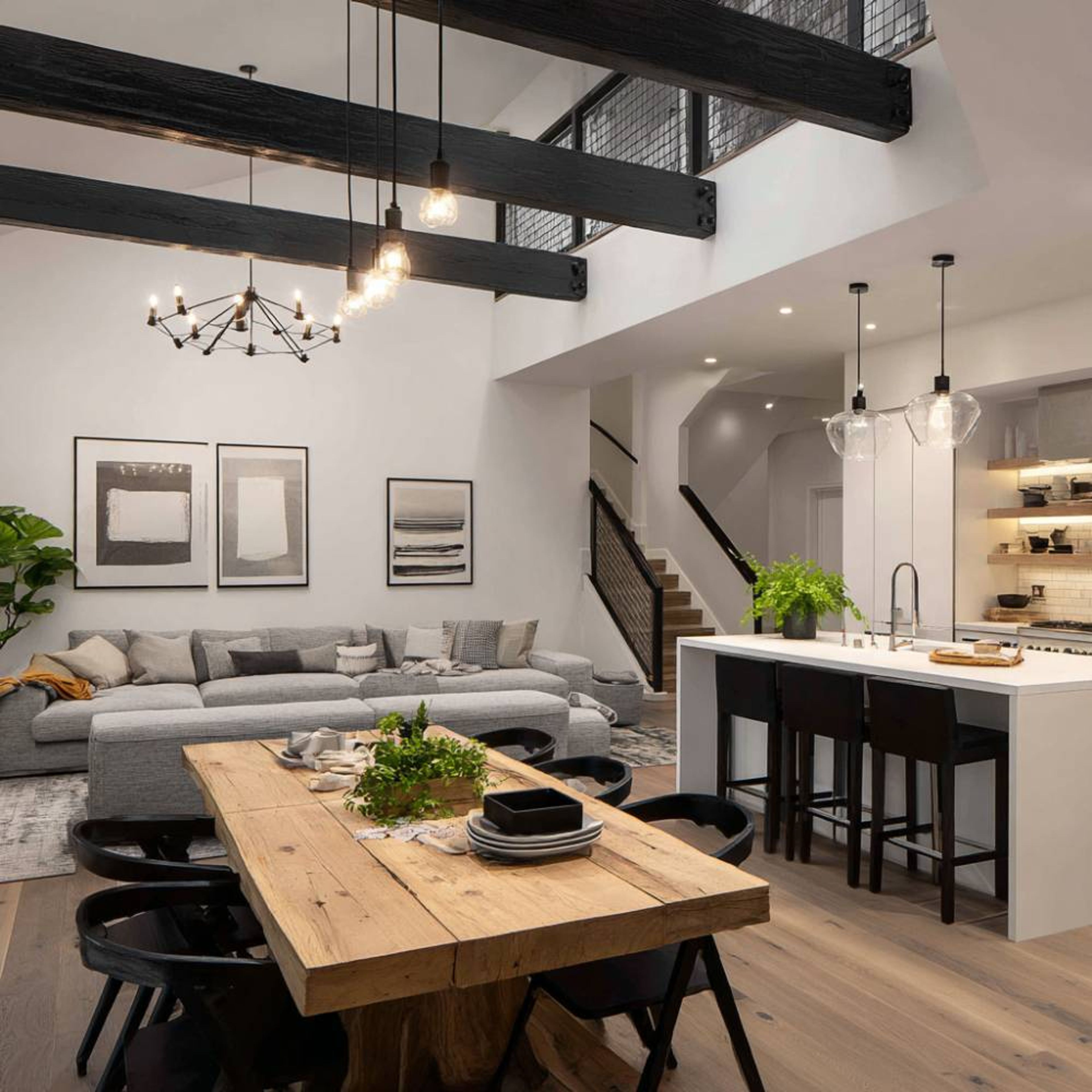 Space Saving Design With Sectional Sofa, Industrial Beams And Open Layout