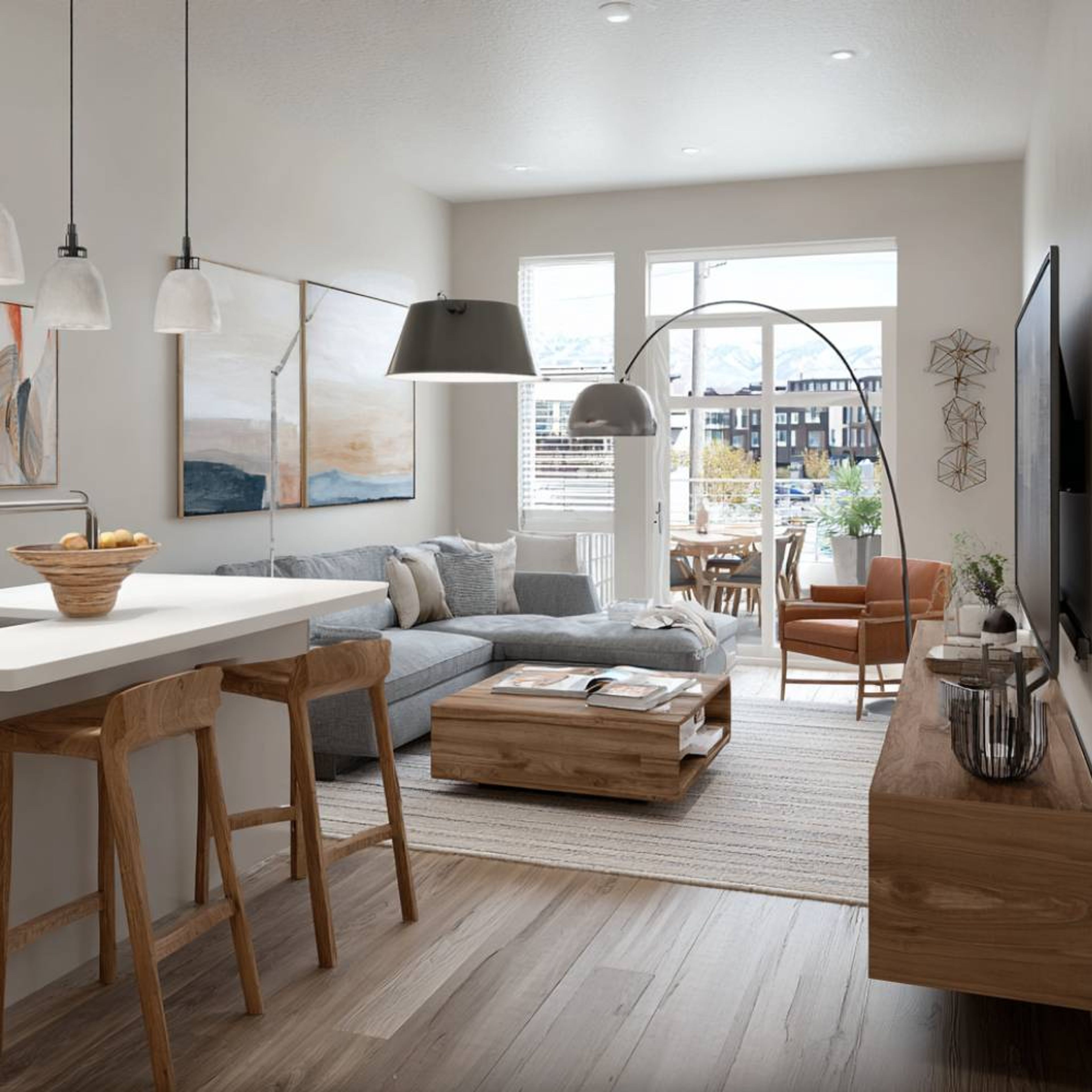 Space Saving Living Design with Sectional Sofa and Bar Counter