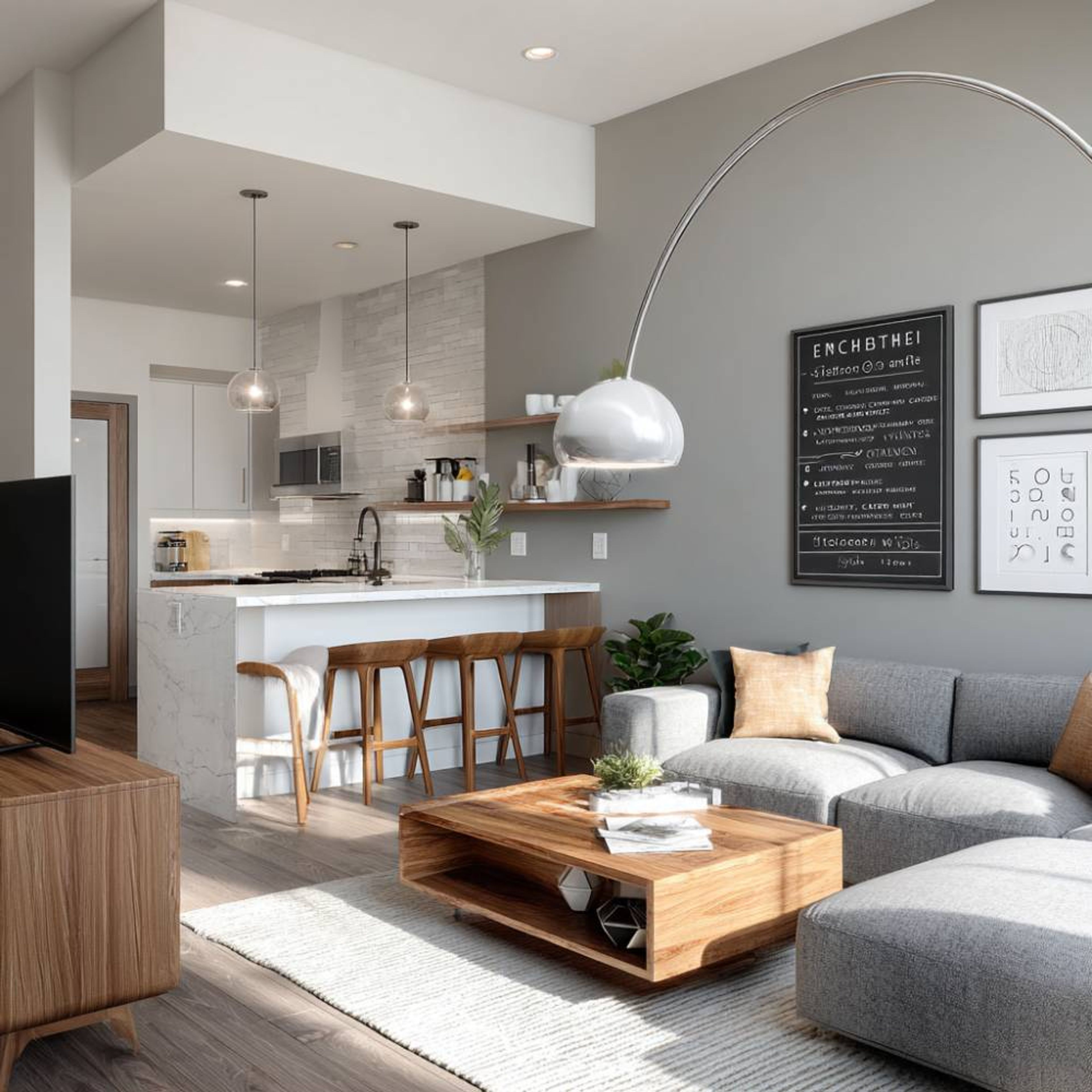 Space-Saving Living Room Design with Sectional Sofa and Open Counter