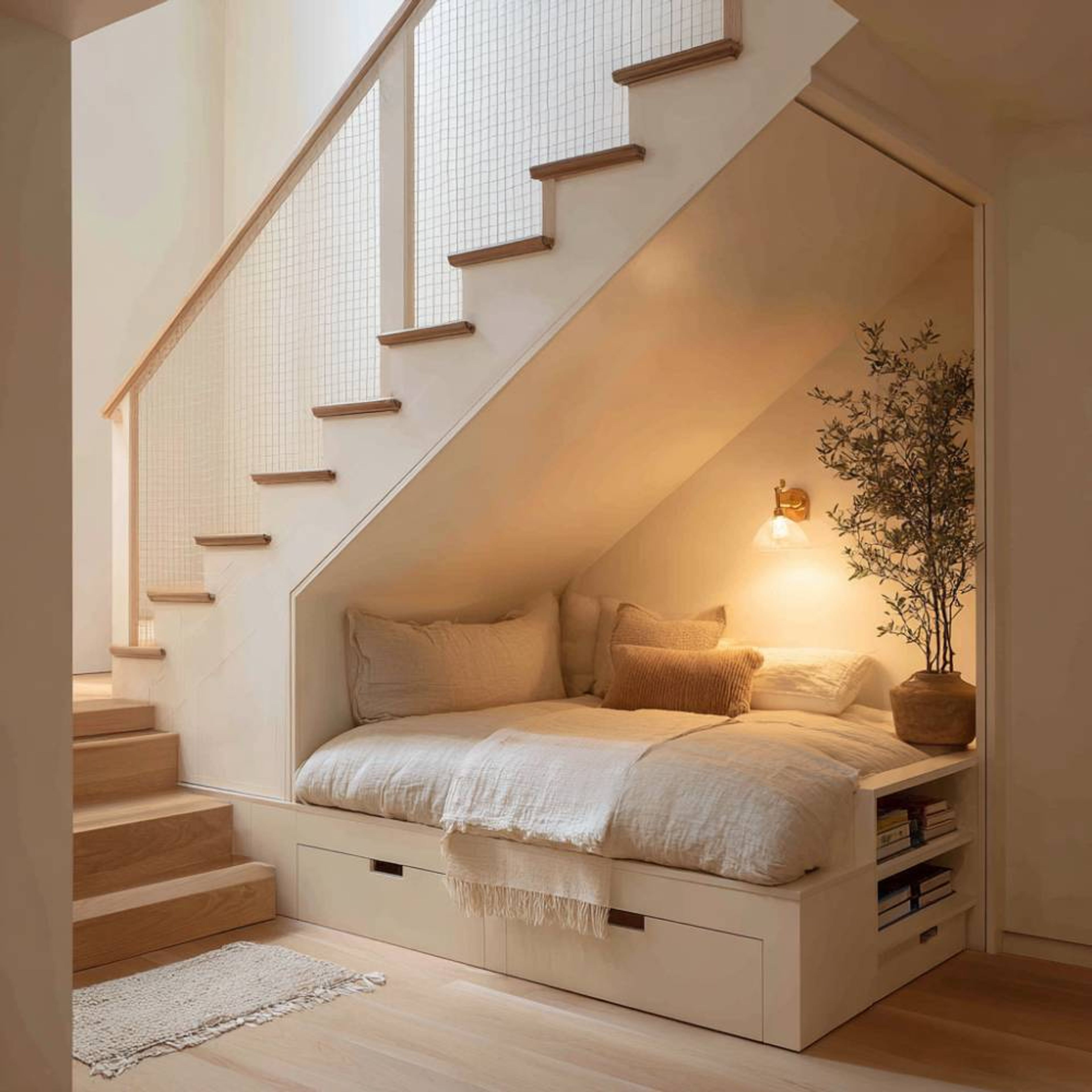 Space Saving Bedroom Design Built Under Staircase with Storage Drawers