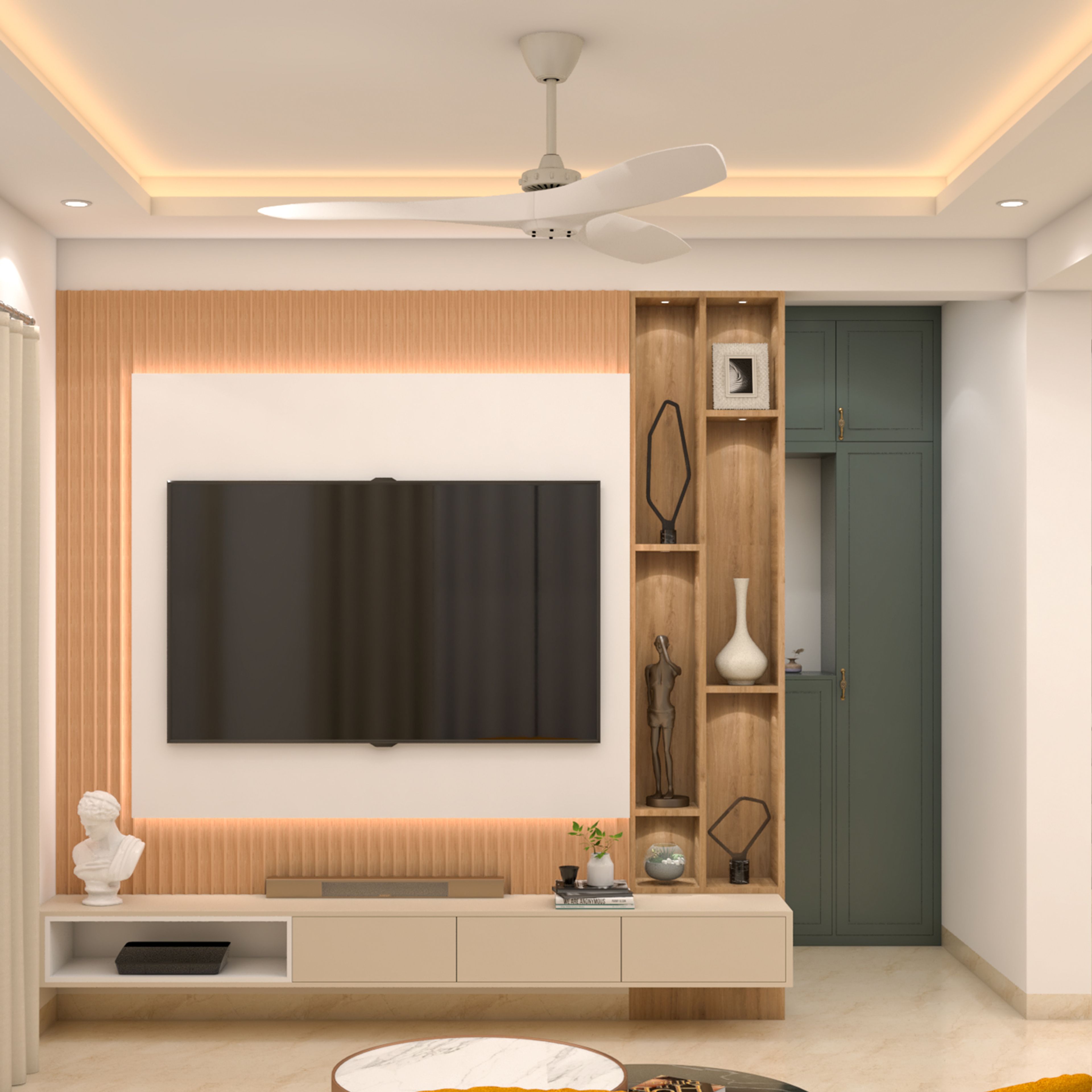 Grey TV Unit Design with Vertical Display Tower and Backlit TV Panel