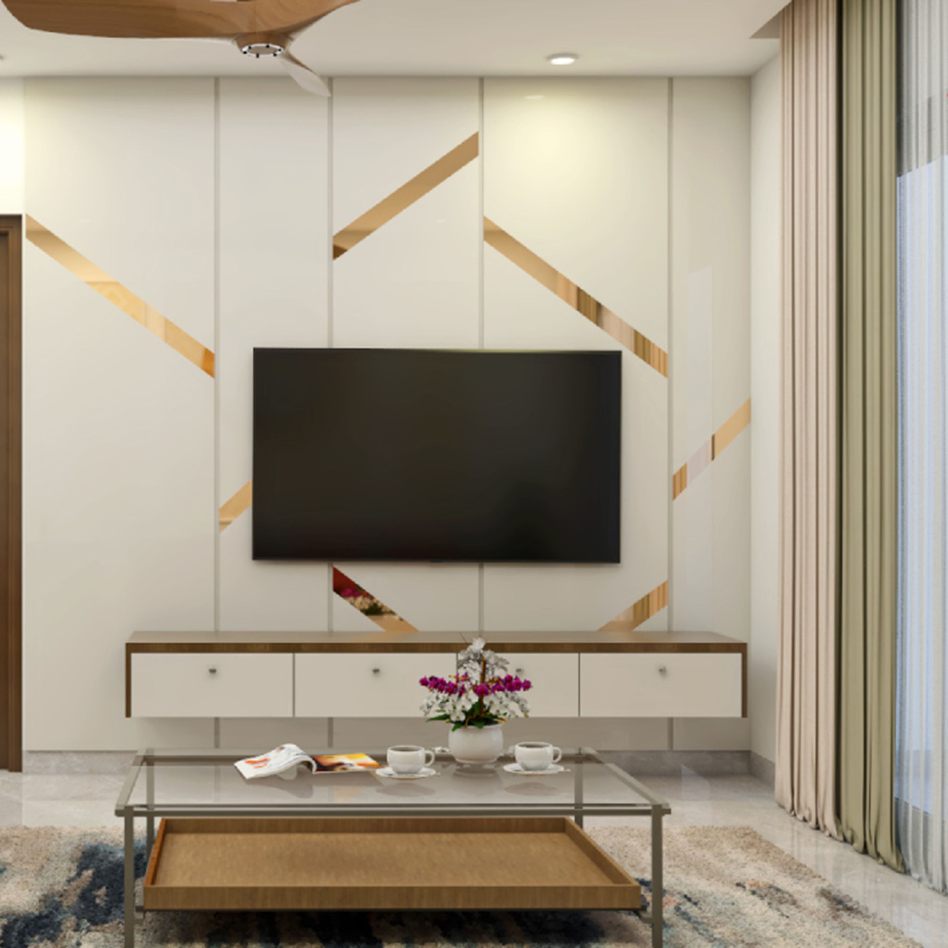 White TV Unit Design with Floating Drawers and Geometric Backdrop