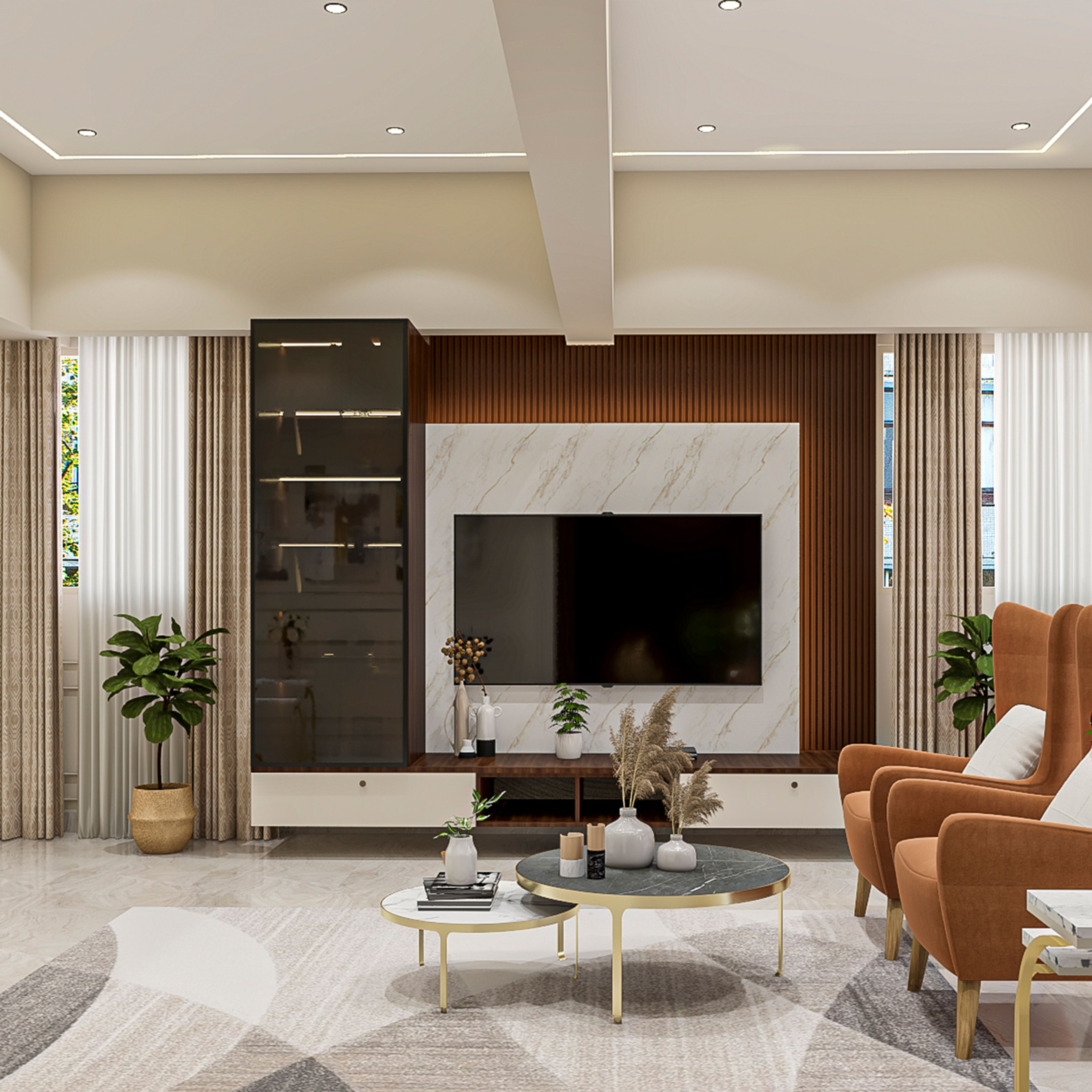 White TV Unit Design with Floating Console Appeal and Glass Display Cabinet