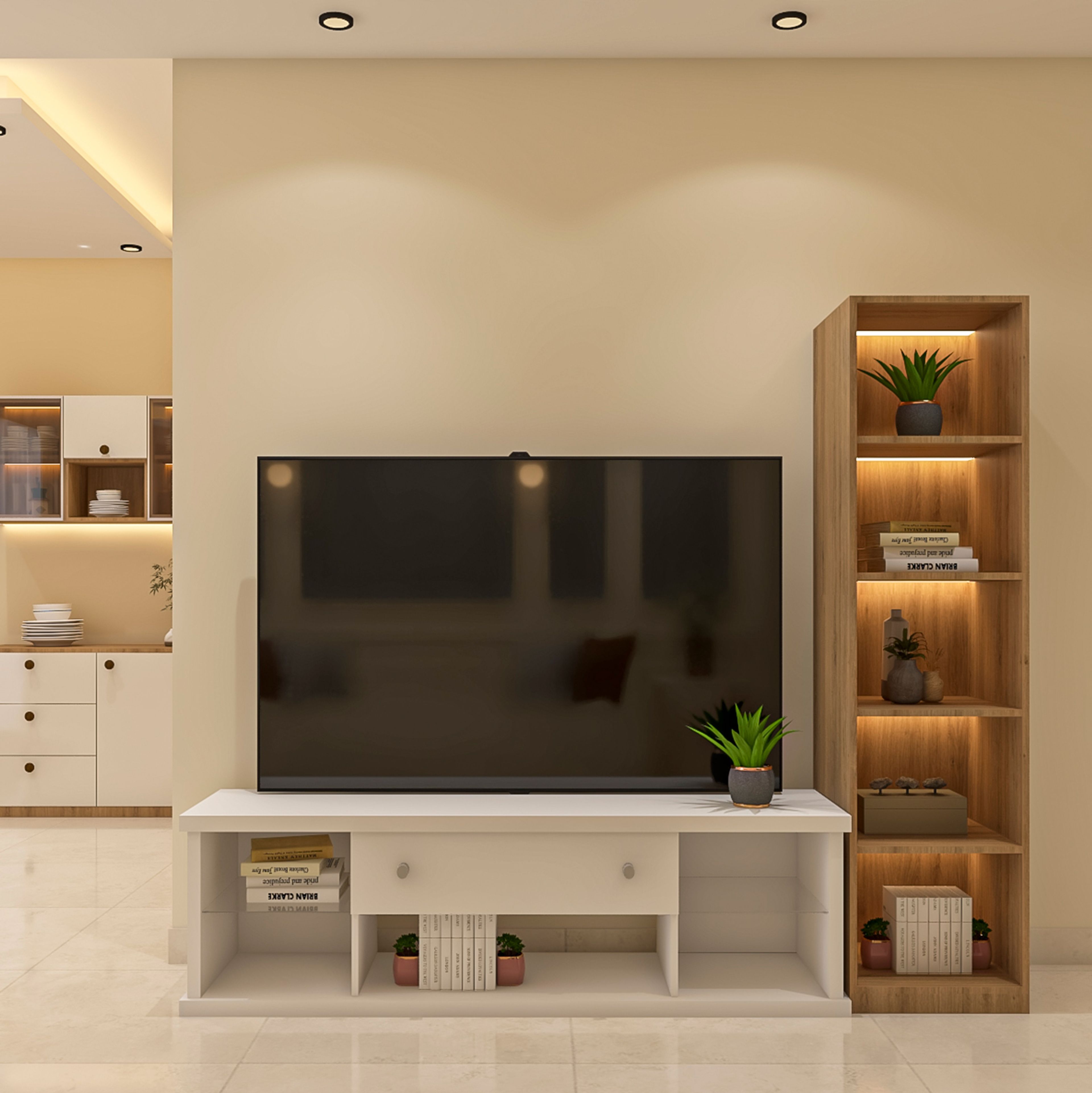 White Contemporary Open Shelving Living TV Unit Design with Backlit Niches