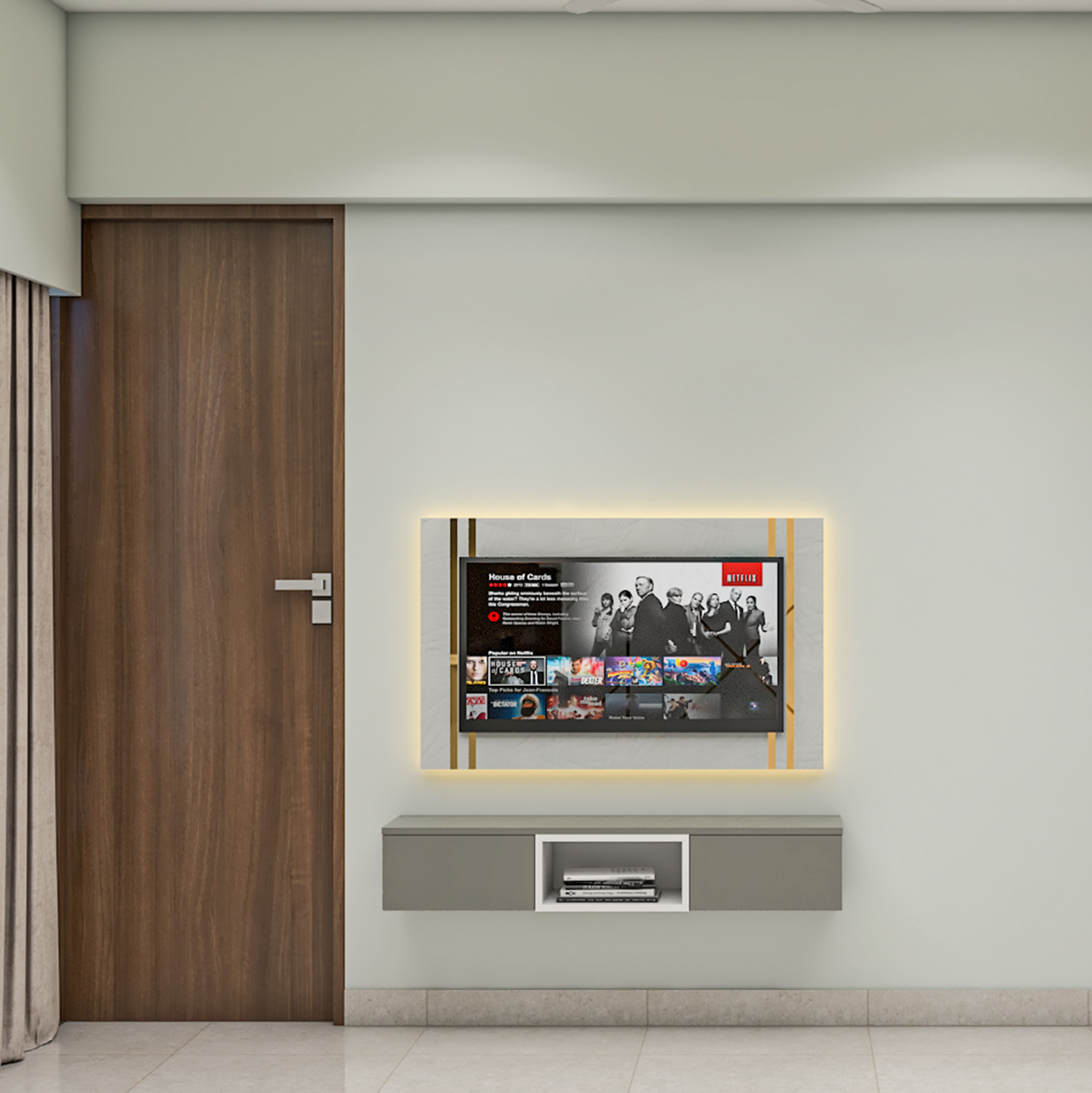 Pearl Modern Living TV Unit Design with Golden LED Frame