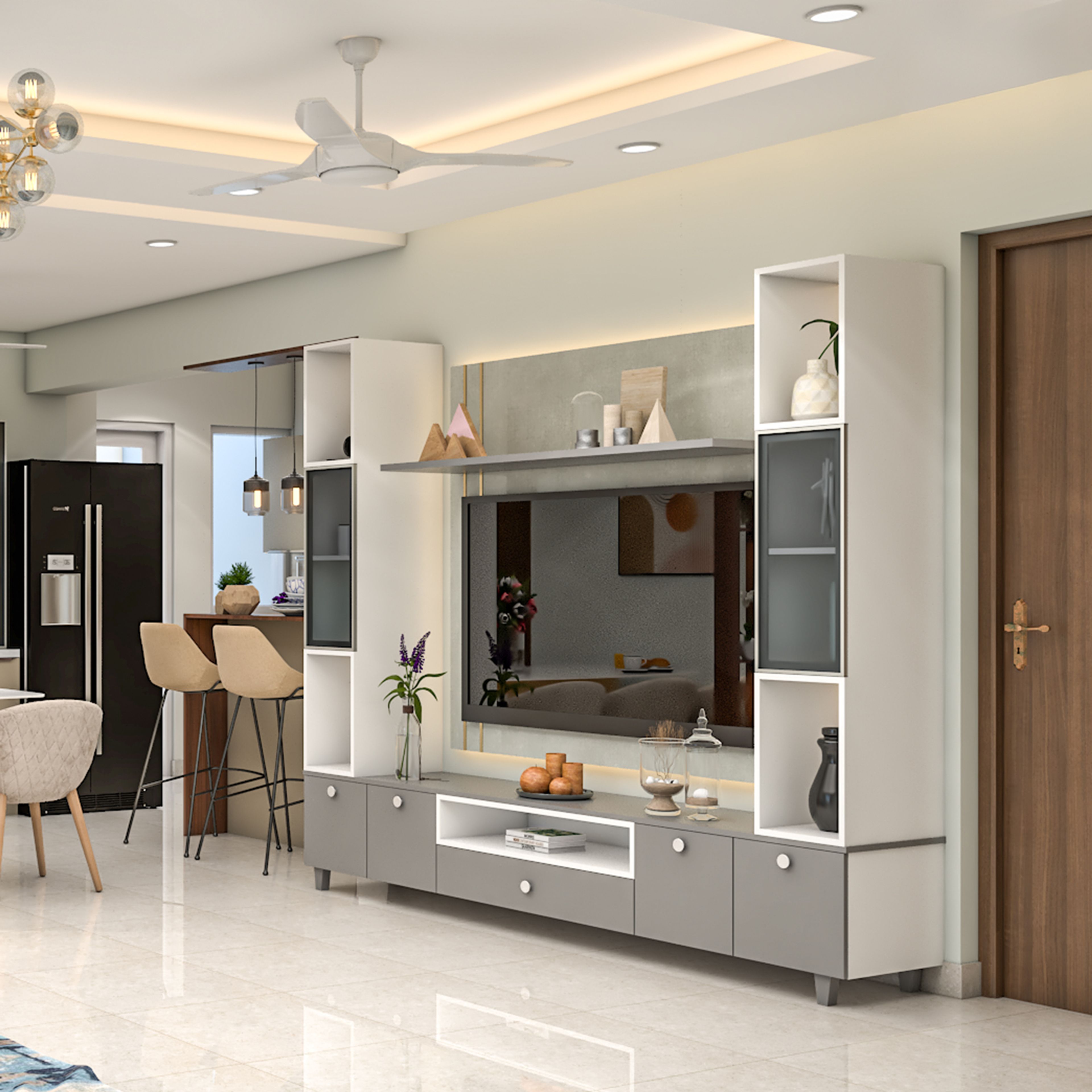 Contemporary Mirrored Pearl and White TV Unit Design with Vertical Slat Accents