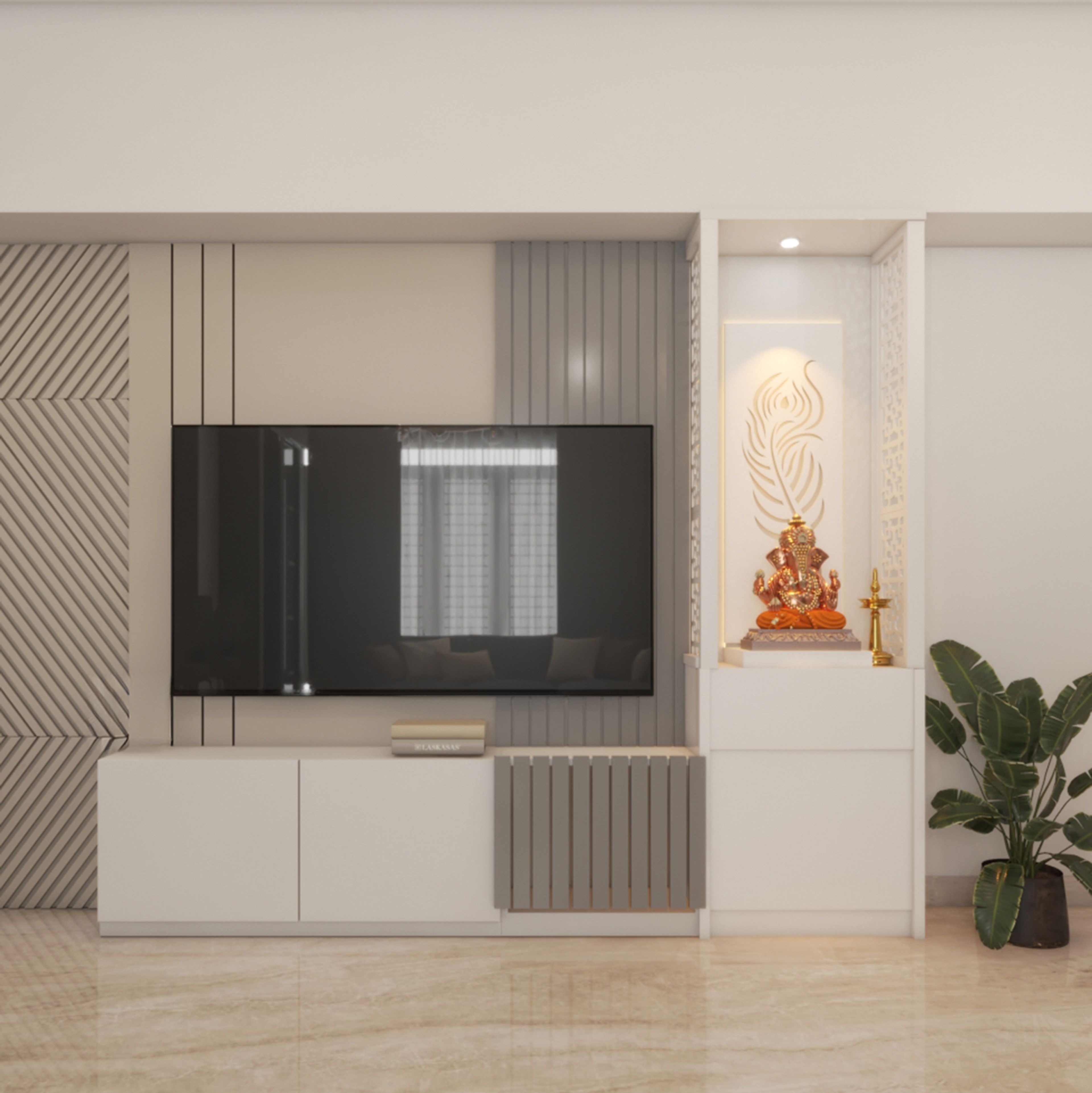 Contemporary Living TV Unit Design with Integrated Pooja Niche and Slatted Panels