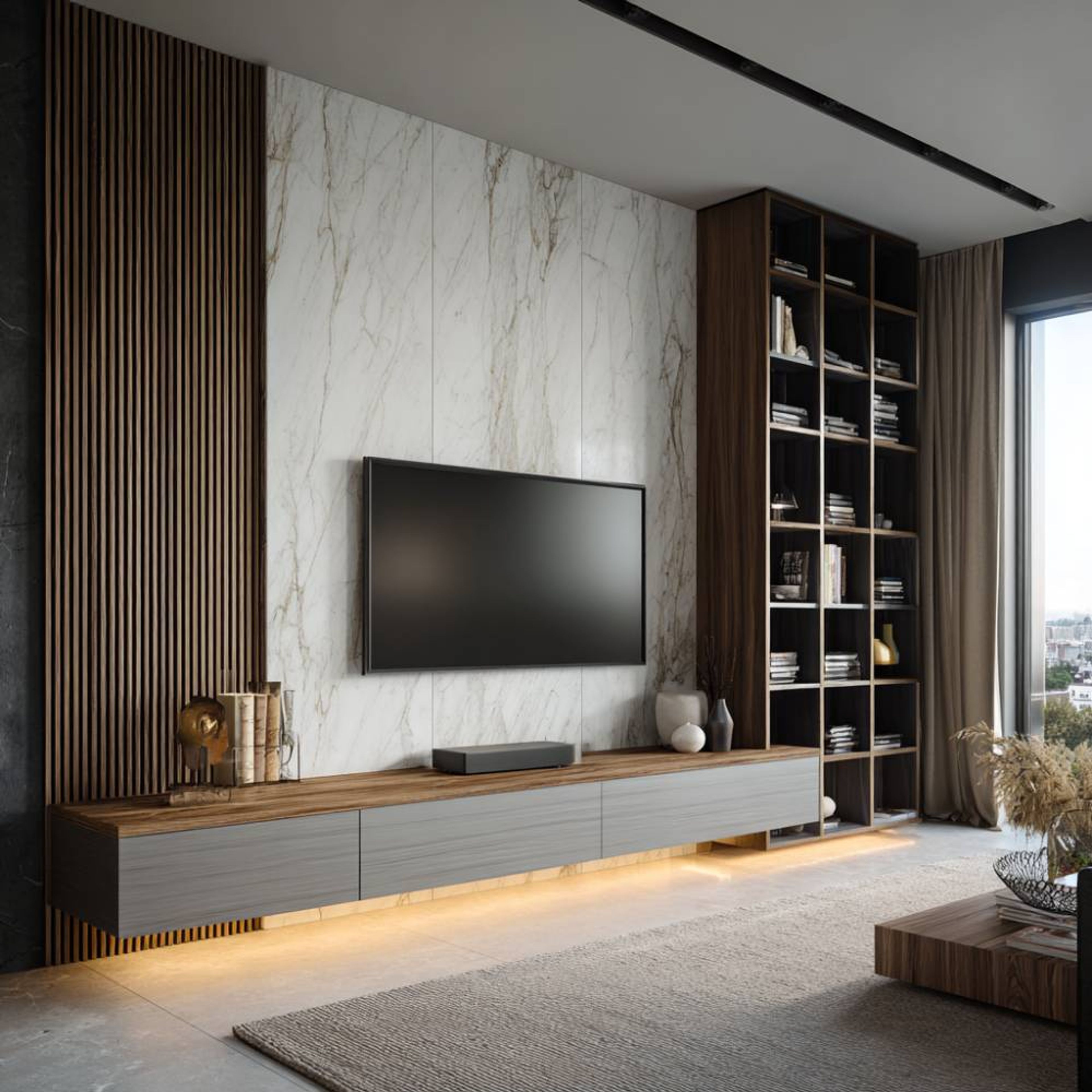 Grey and Walnut TV Unit Design with Floating Console and Marble Backdrop