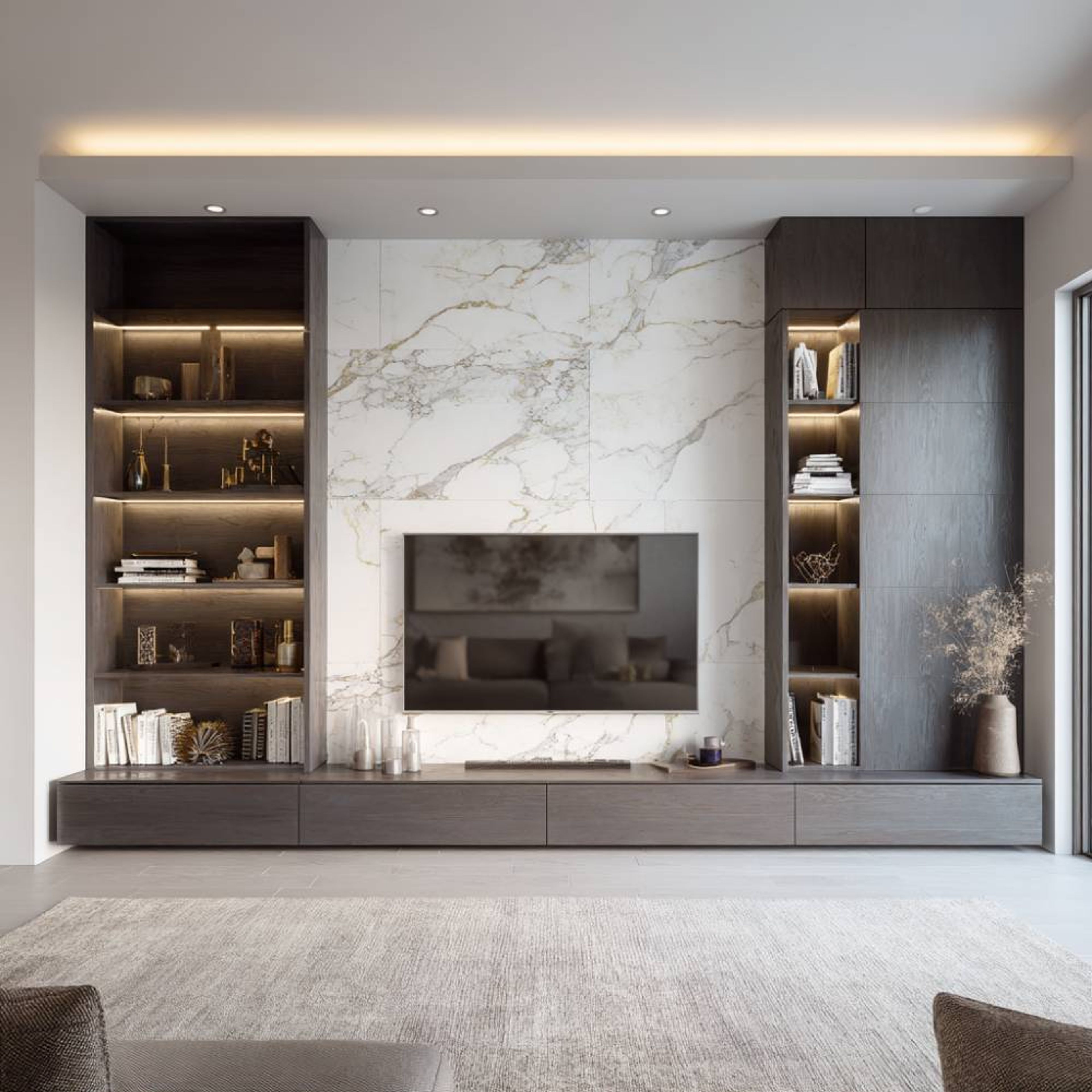 Grey and Bronze TV Unit Design with Marble Wall Panel and Backlit Shelving