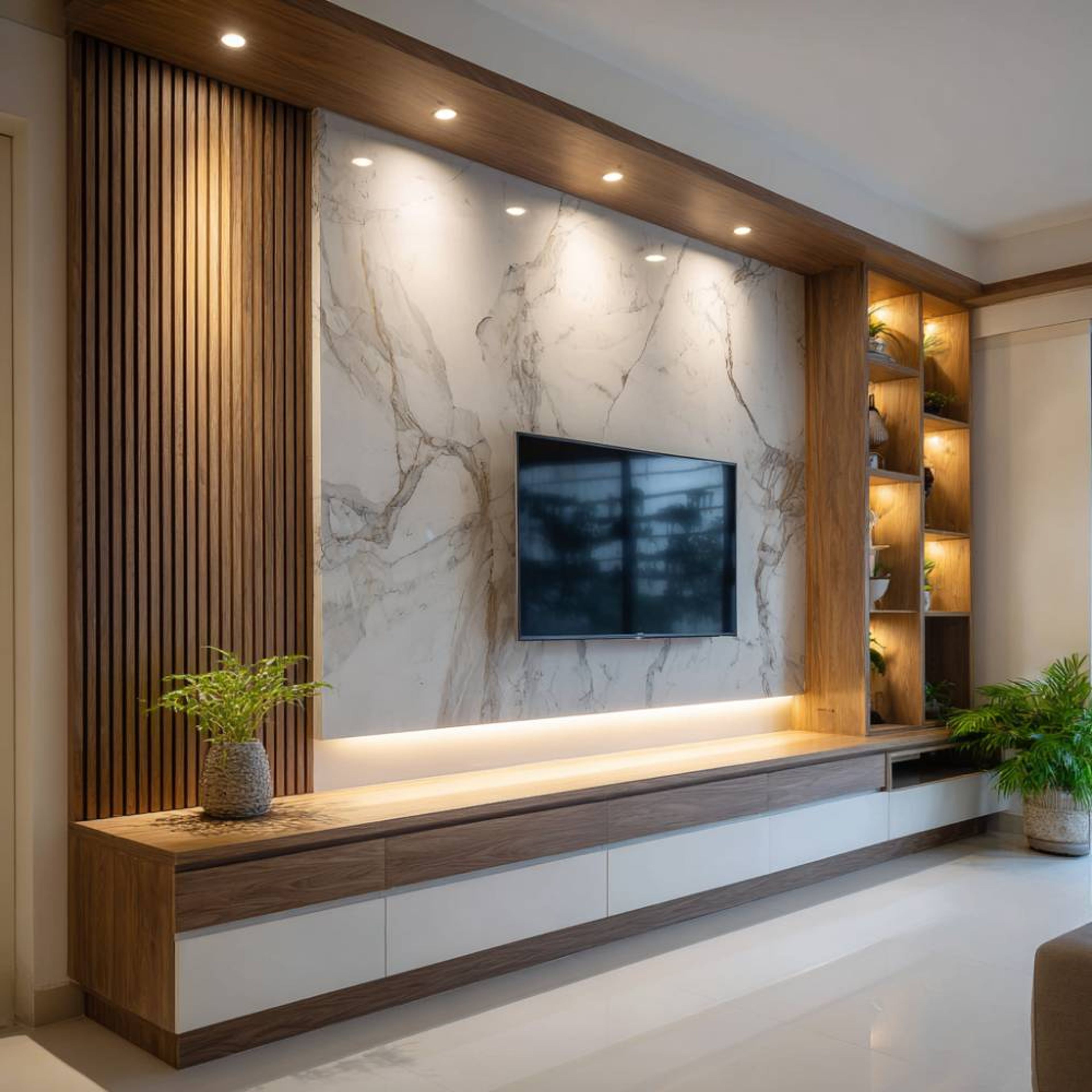 White and Walnut TV Unit Design with Marble Wall Backdrop and Staggered Shelving