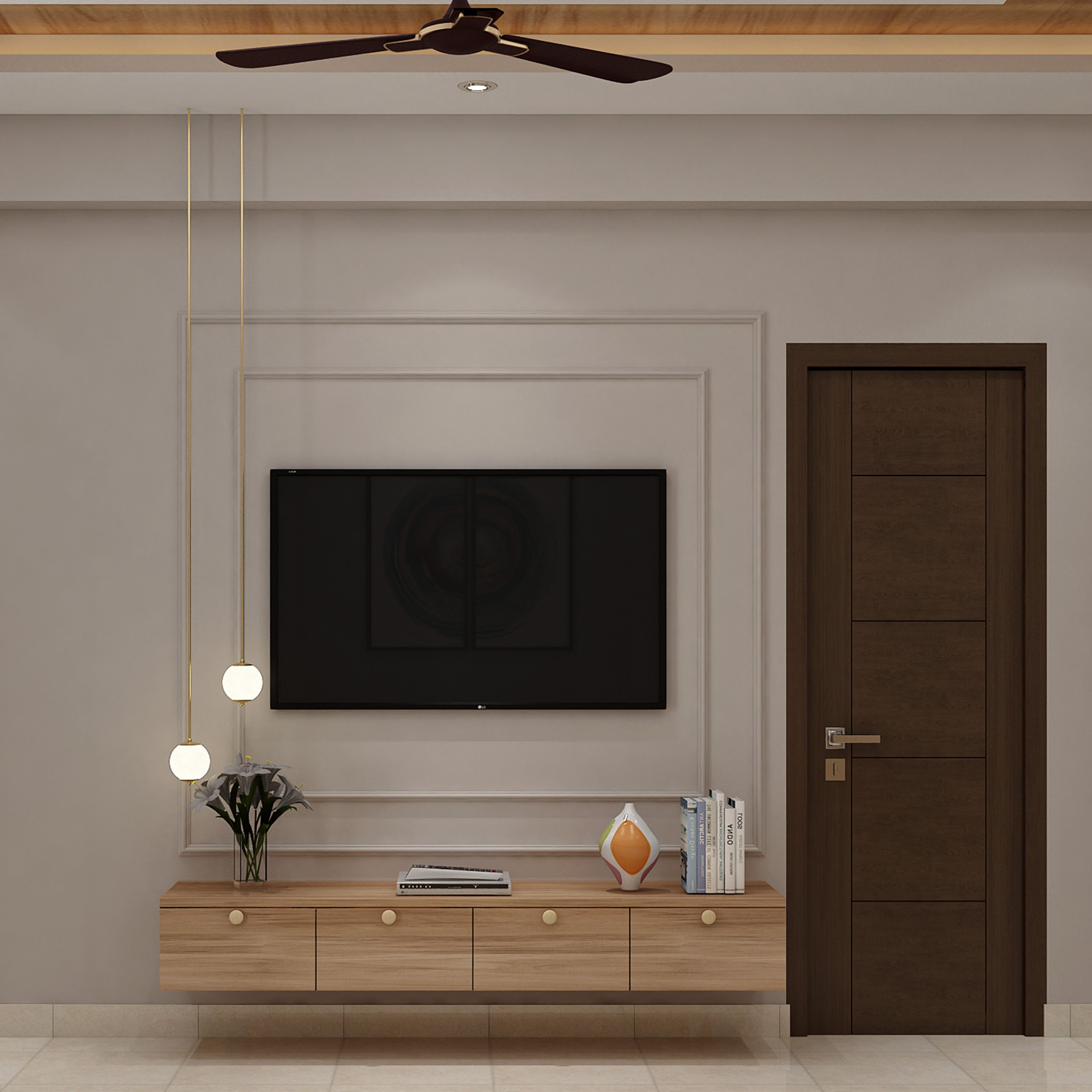 Wooden TV Unit Design with Floating Drawers and Wall Panel Backdrop