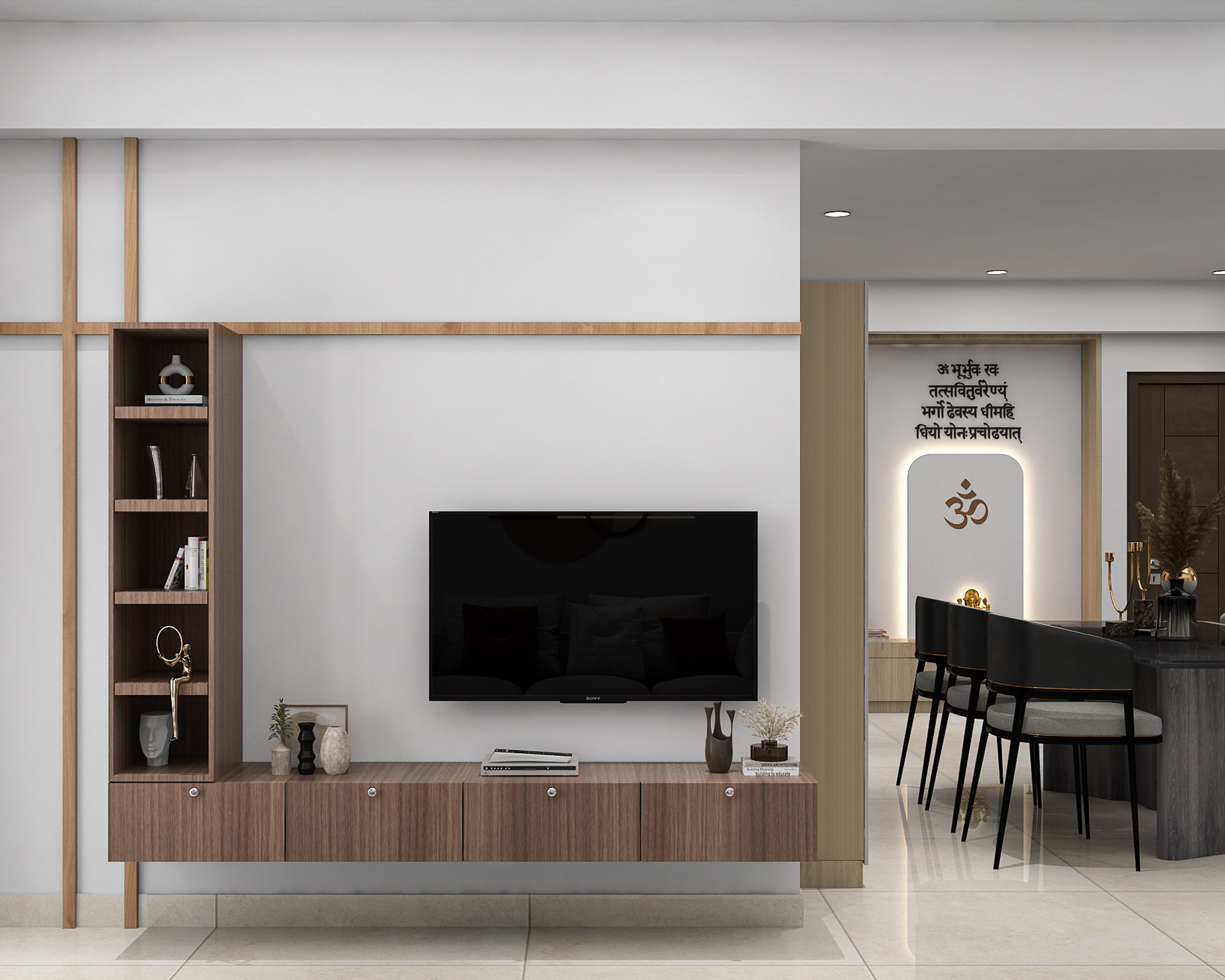 Warm Wood TV Unit Design with Vertical Shelving Tower and Panel Backdrop