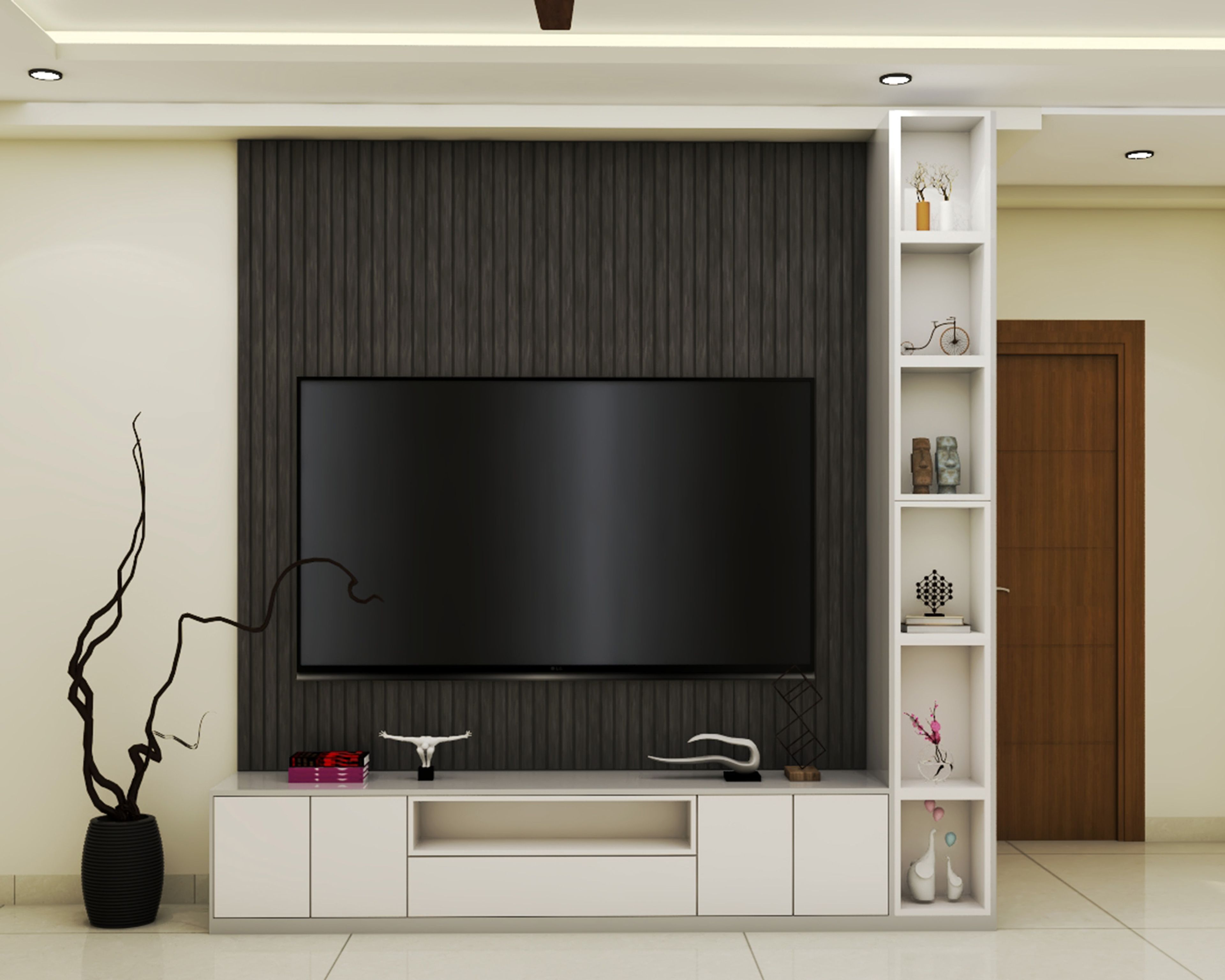 White and Grey TV Unit Design with Paneled Backdrop and Open Display