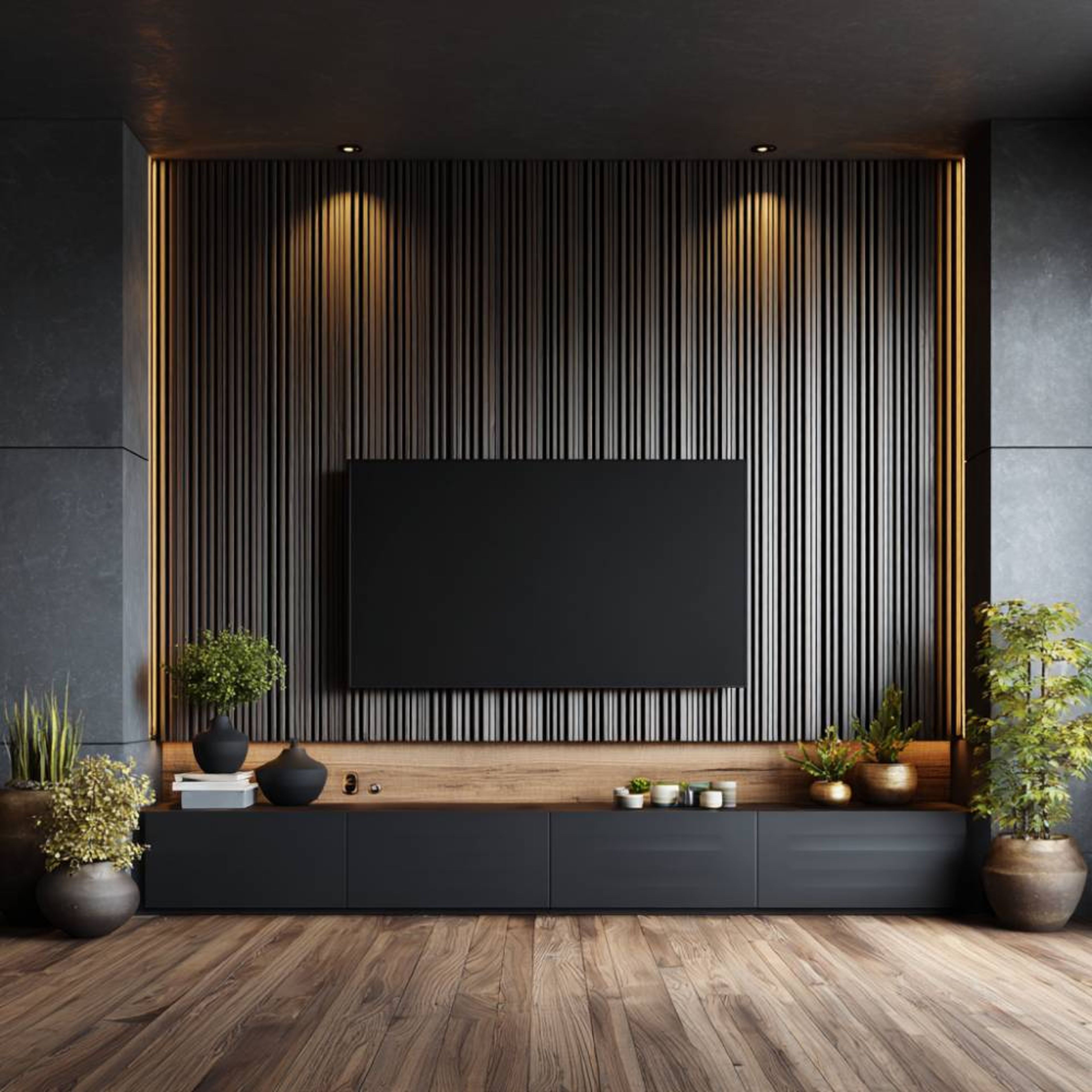 Grey TV Unit Design with Vertical Slat Accent Wall and Floating Base Console
