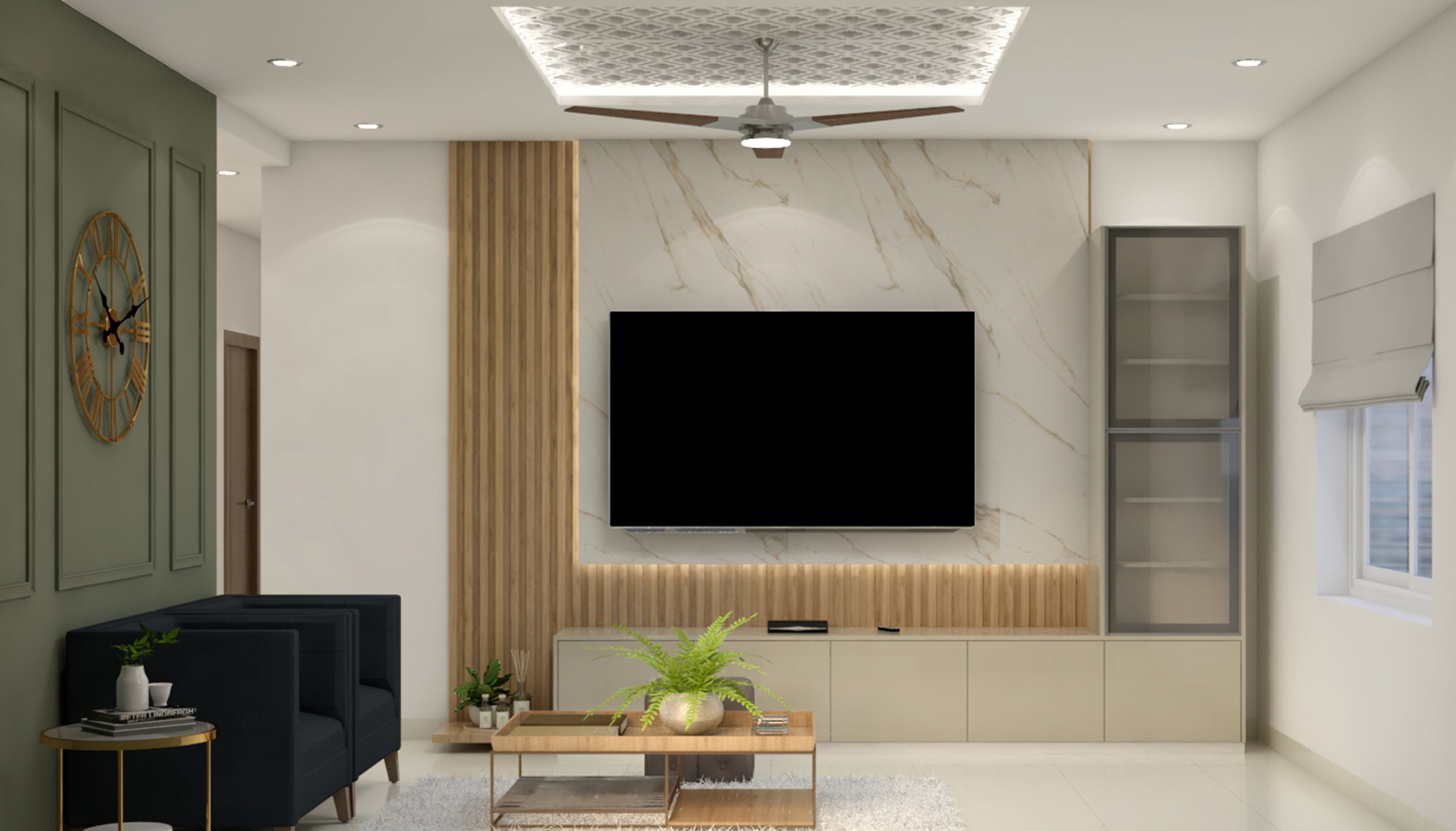 TV Unit Design with Marble Backdrop and Floating Storage Cabinet