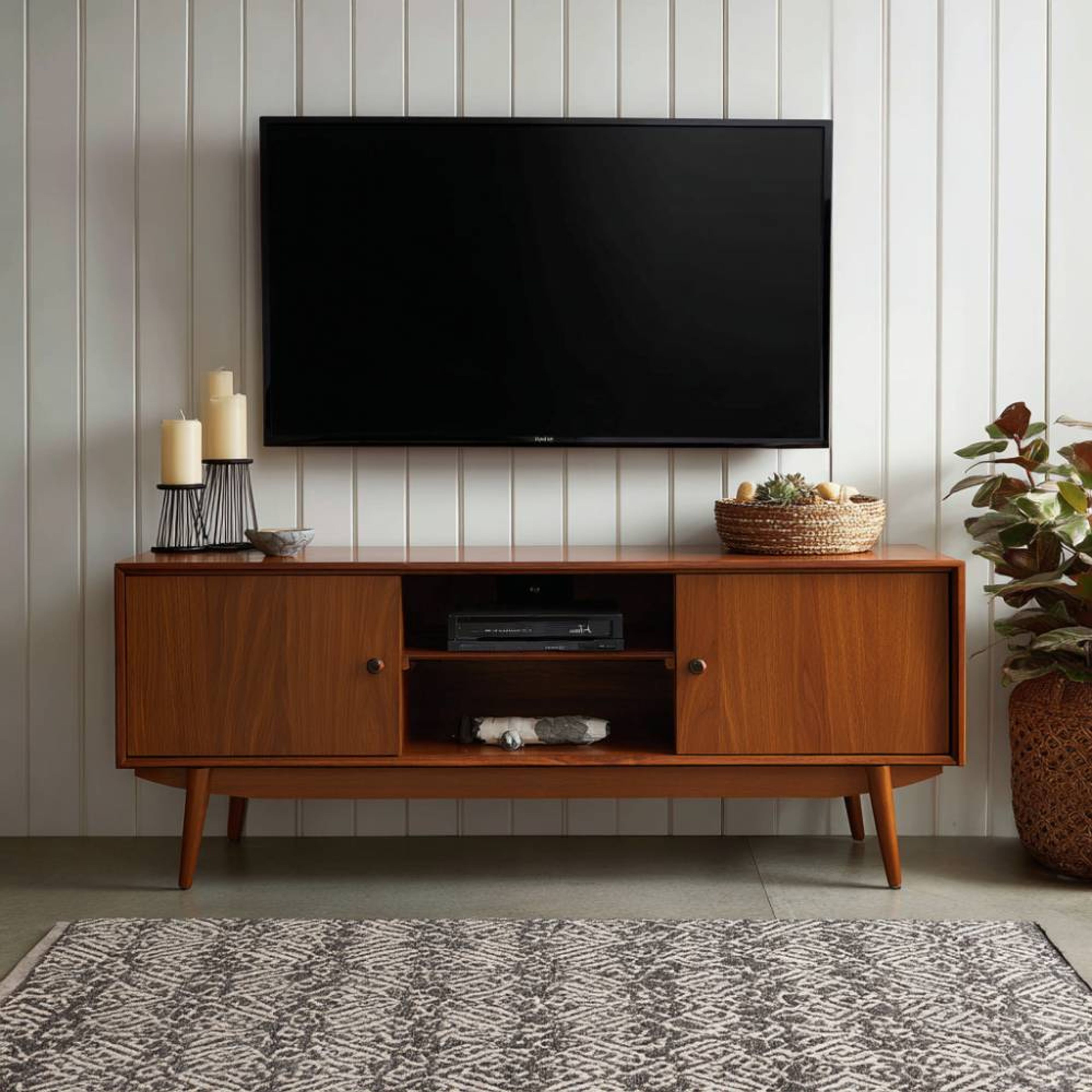 Walnut Bronze TV Unit Design with Concealed Side Cabinets and Open Central Compartment