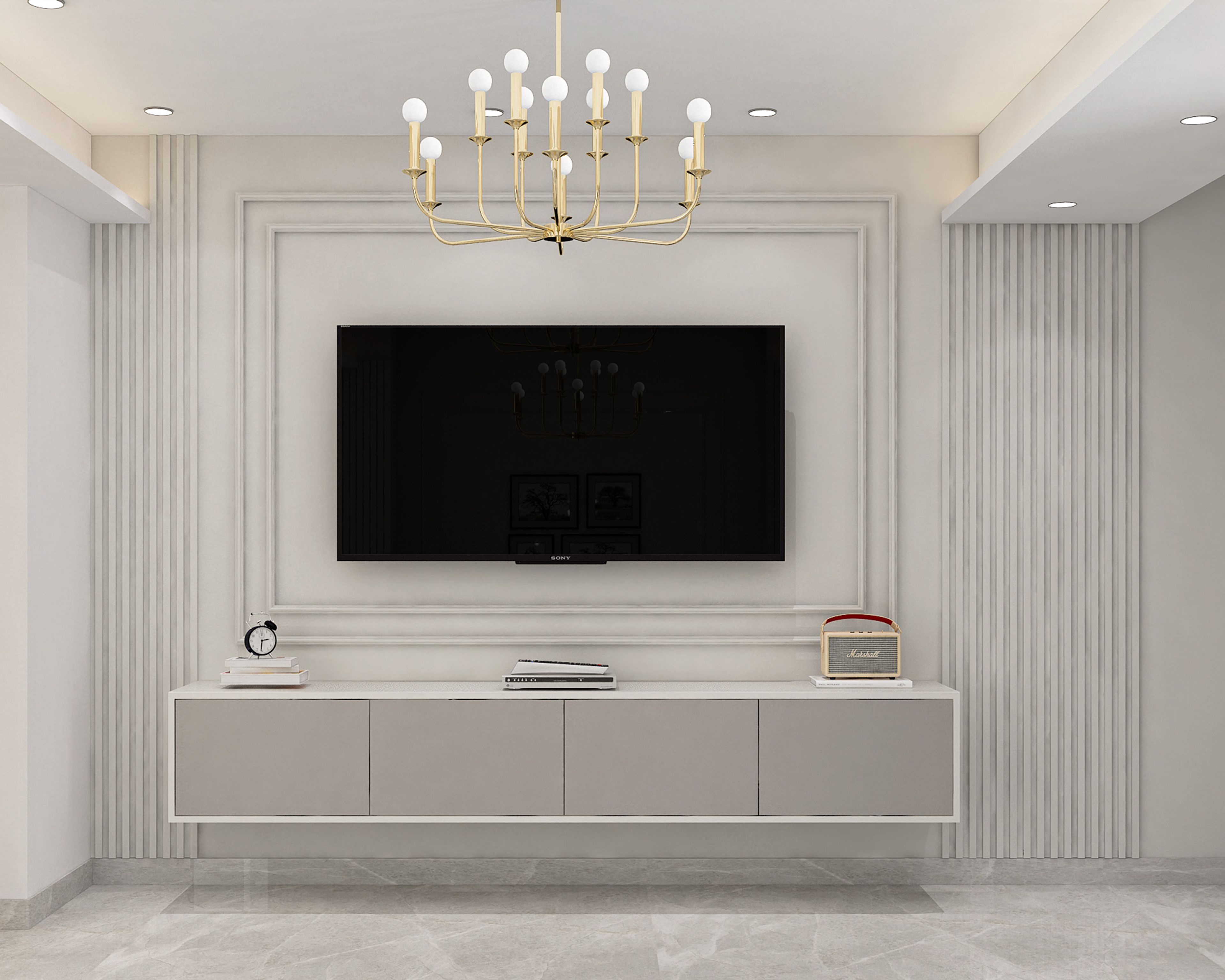 Grey and White TV Unit Design with Fluted Panels and Floating Console Storage