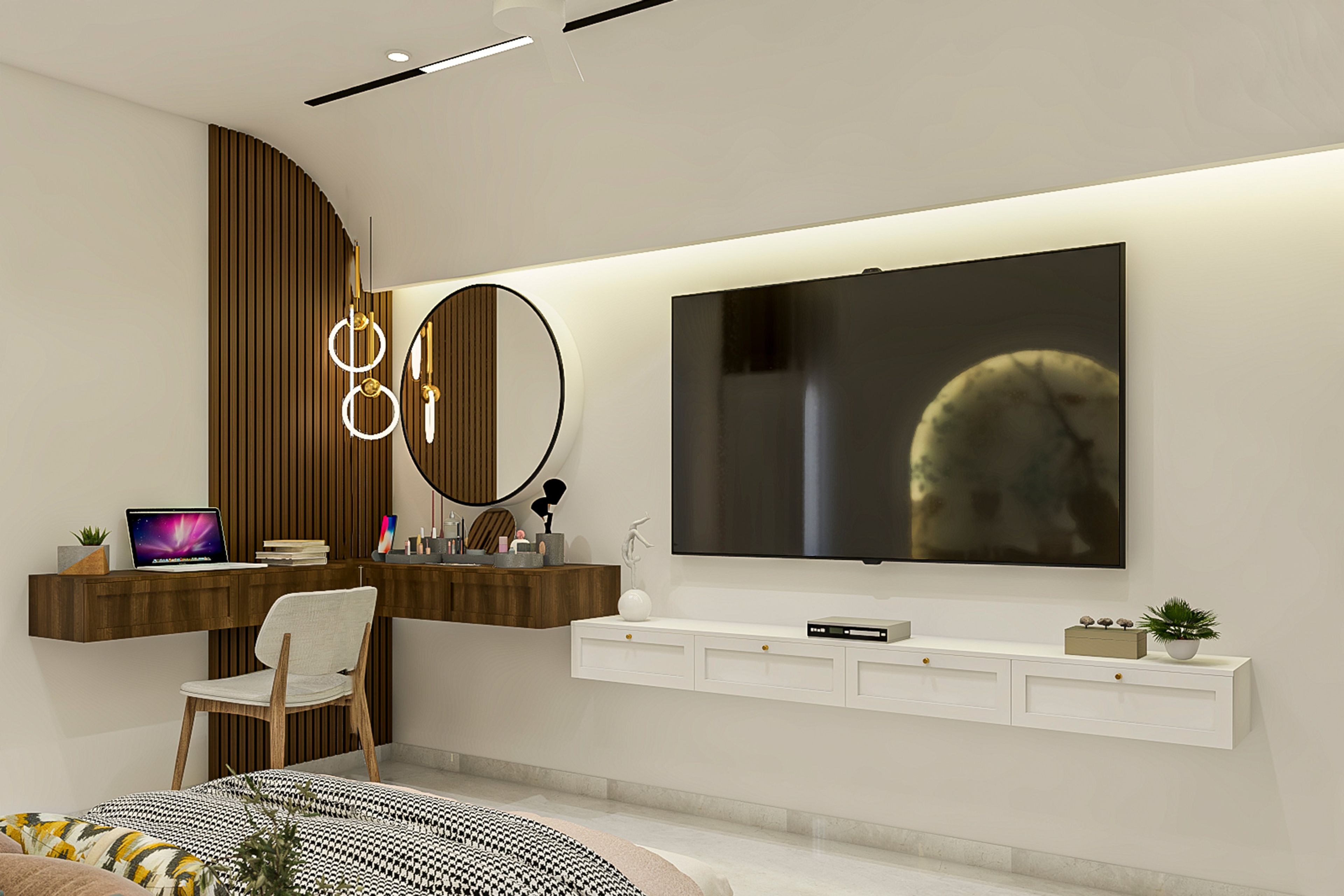 TV Unit Design with White Floating Console, Wood Panel and LED Niche