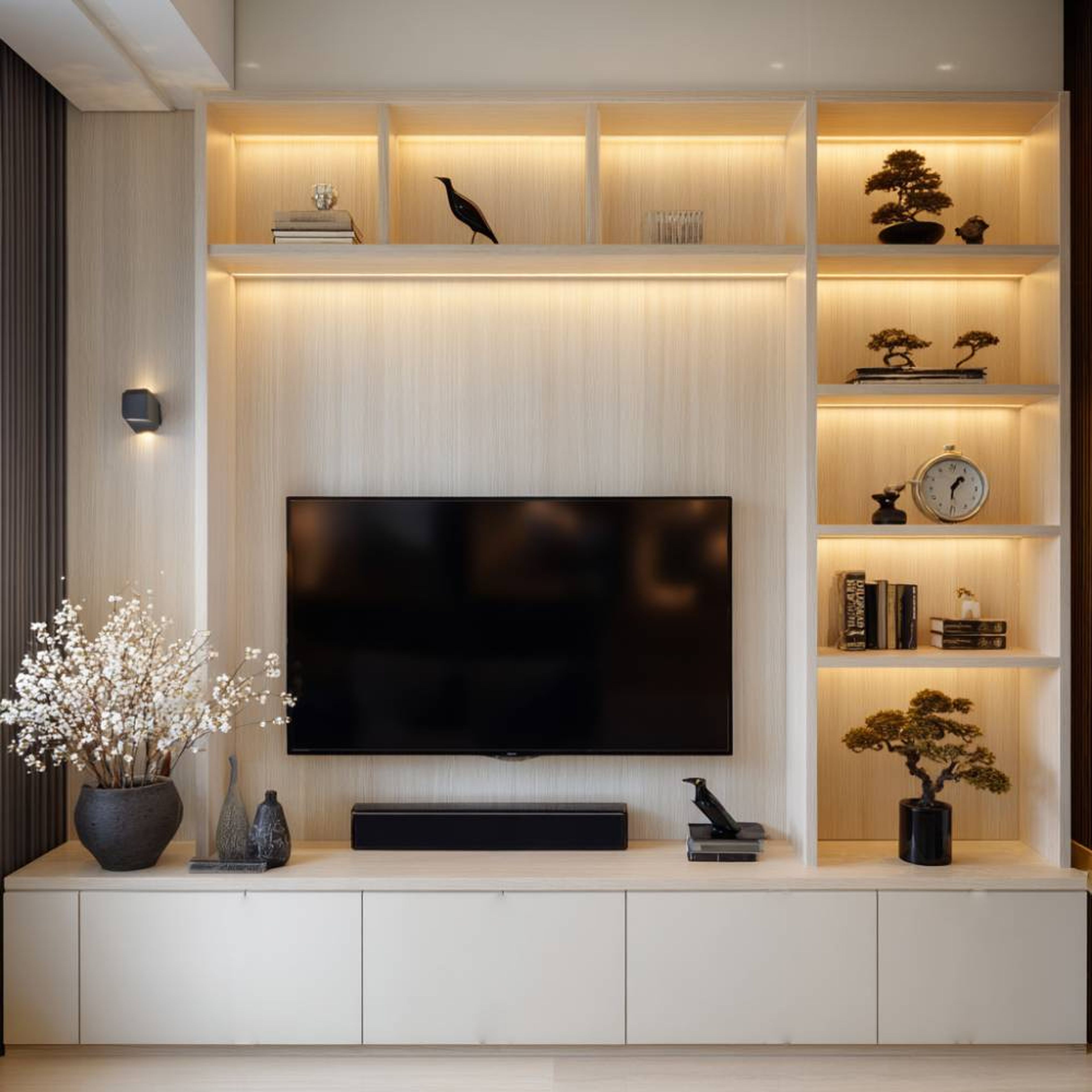 White and Acacia TV Unit design with Display Lighting with to Wall-to Wall Cabinets