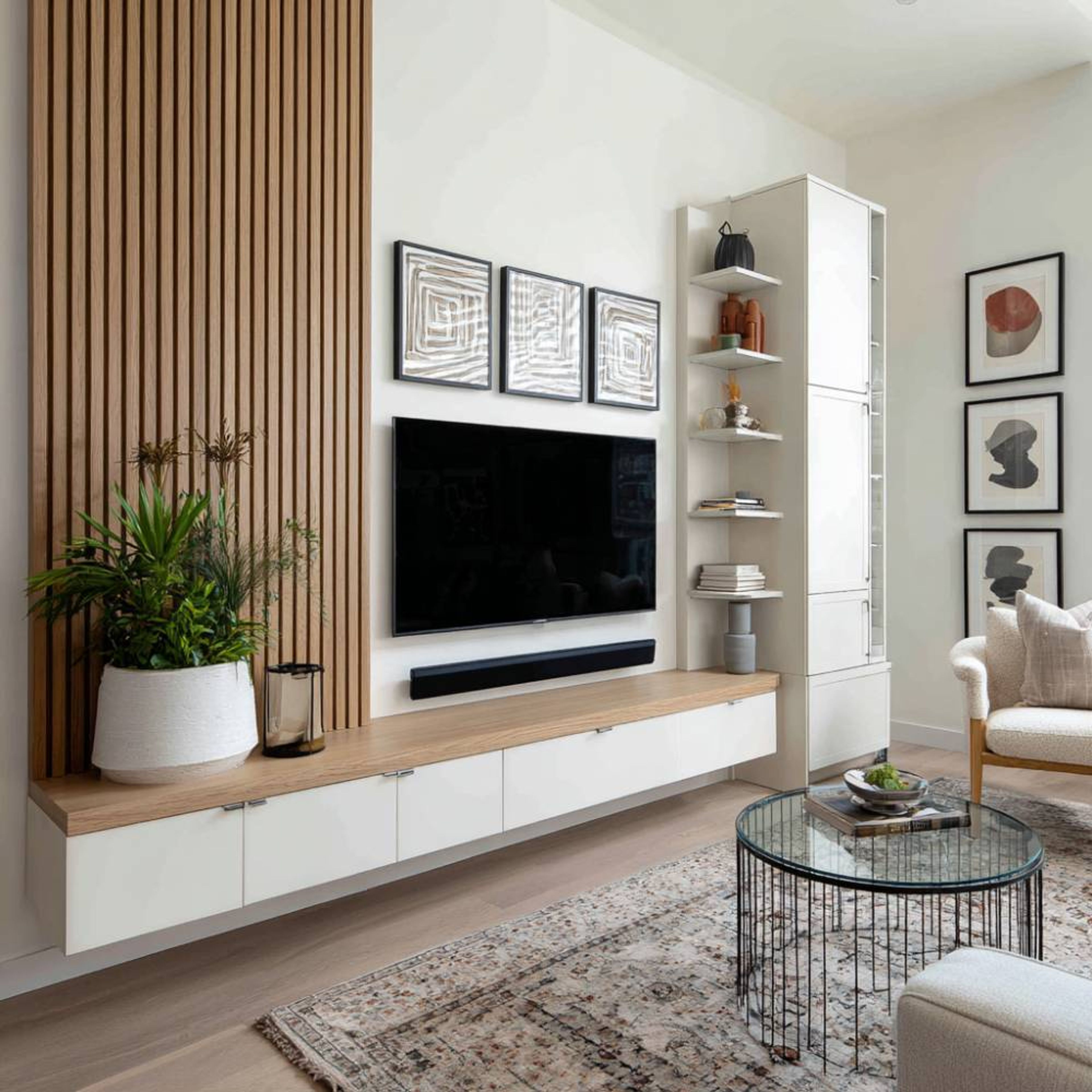 Scandinavian TV Unit Design With Open Oak Shelving and Floating Drawers