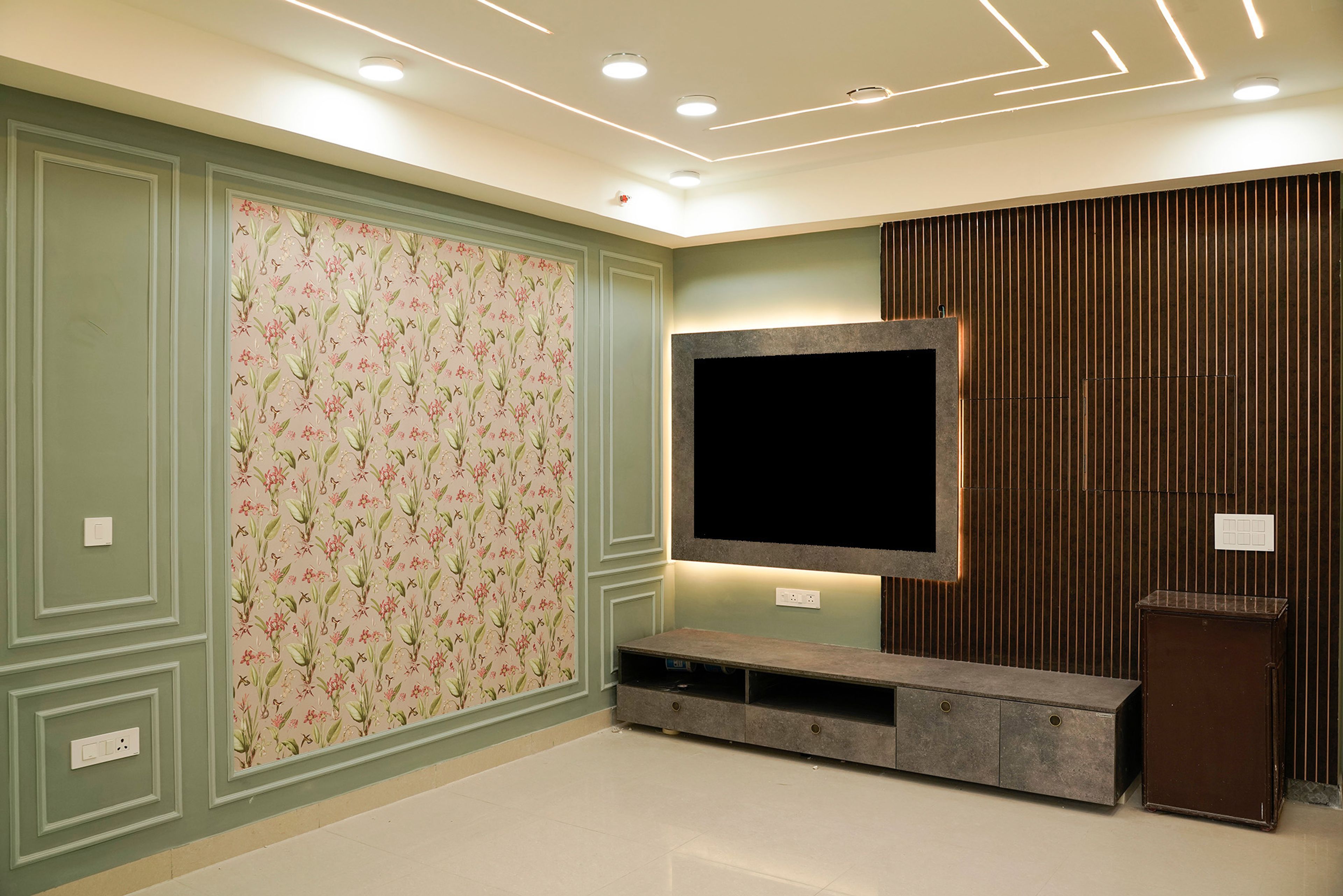Recessed Floral Wallpaper Contemporary TV Unit Design with Deep Drawer Storage