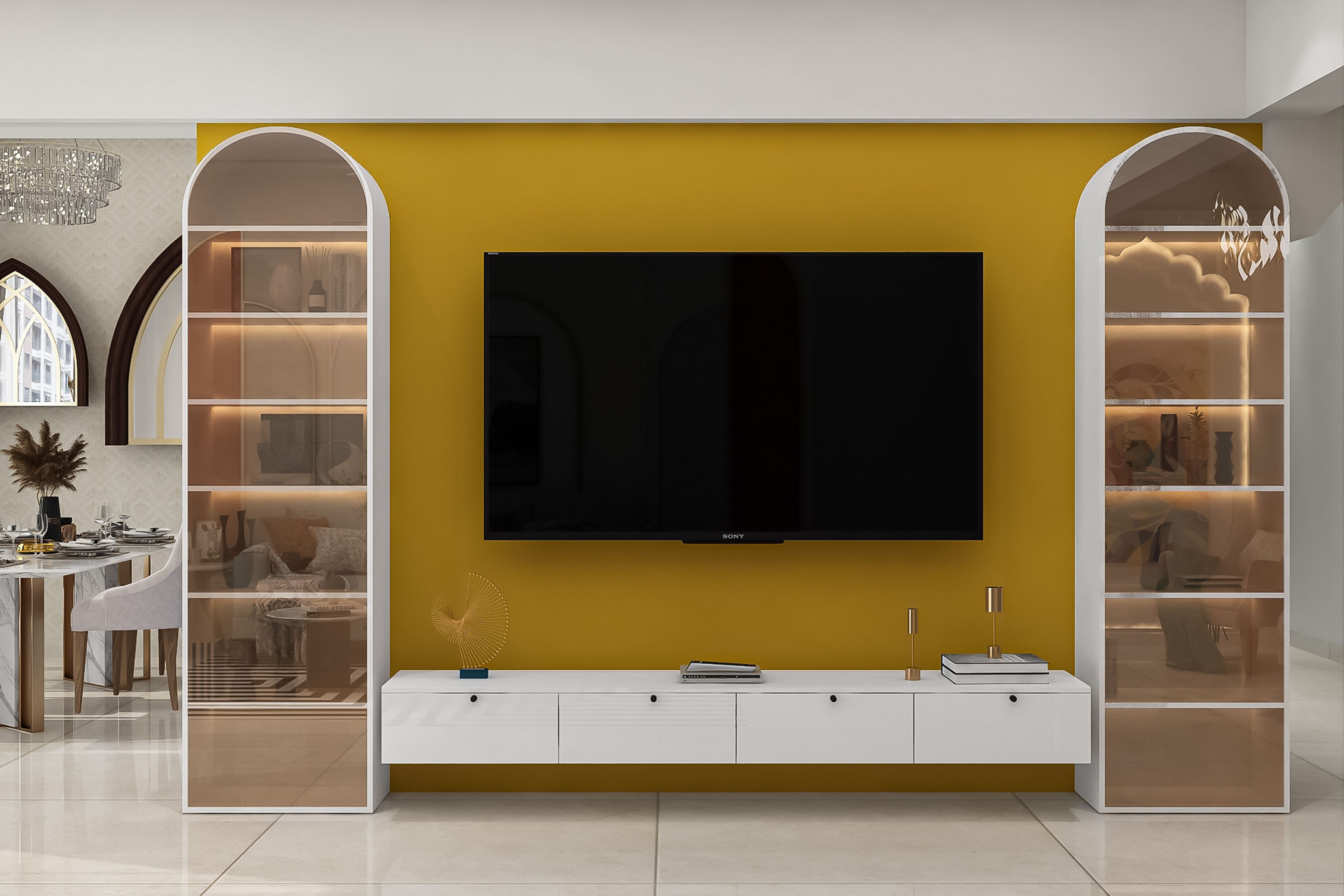 White Modern TV Unit Design With Glass Display Towers and Backlit Pillars