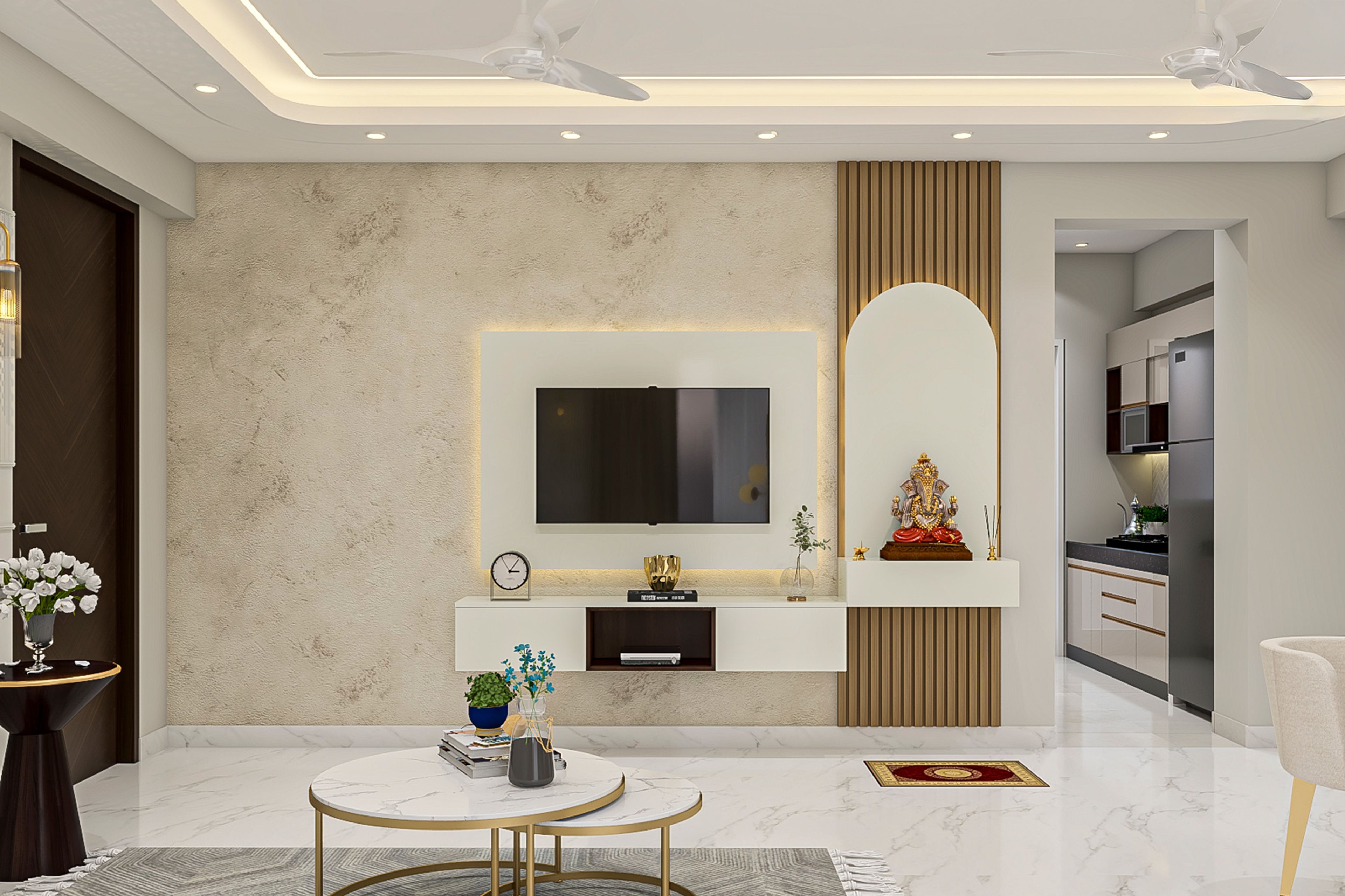 Modern White and Walnut TV Unit Design with Integrated Pooja Niche