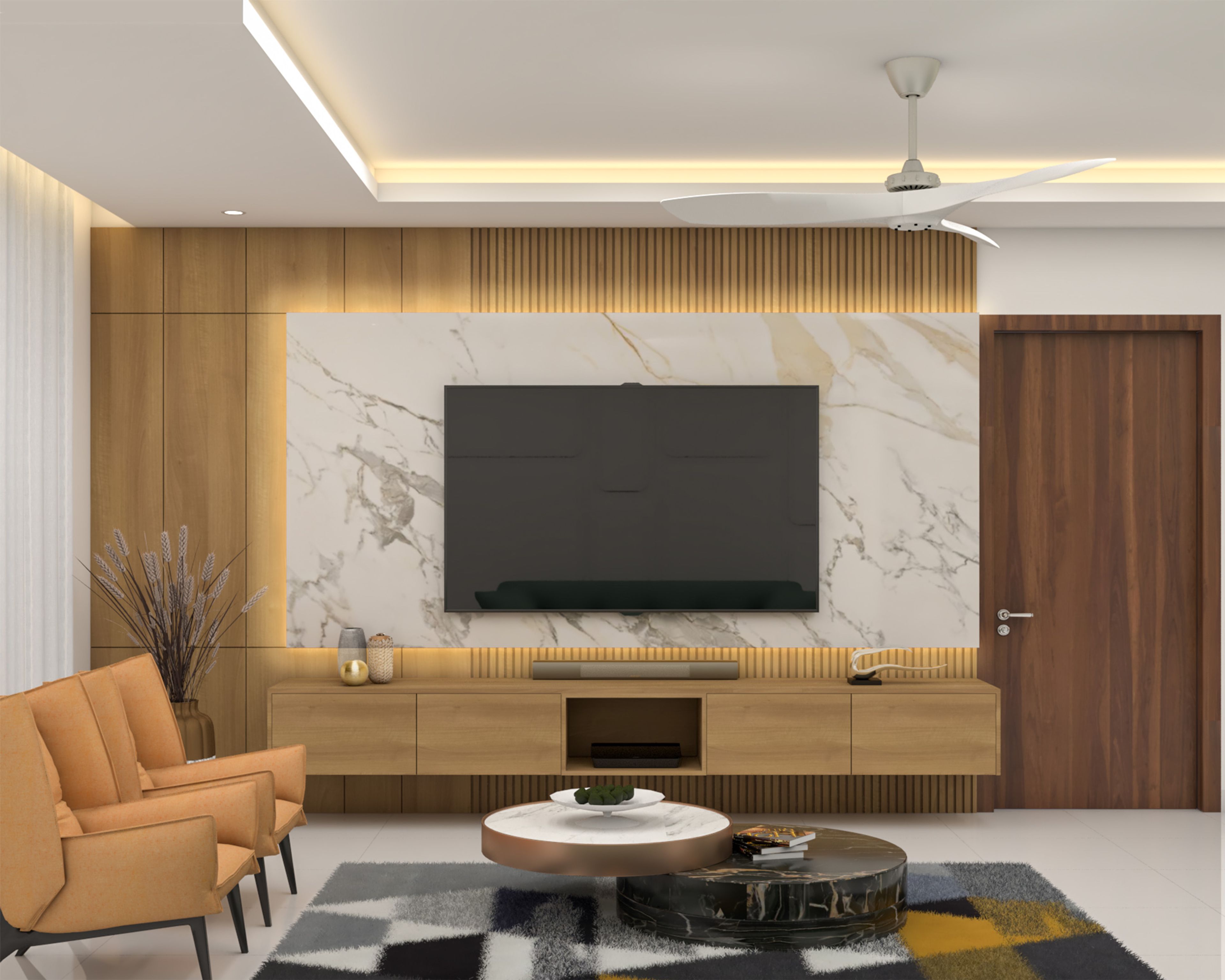 Contemporary Wood TV Unit Design with Marble Slab Backdrop and Floating Oak Console