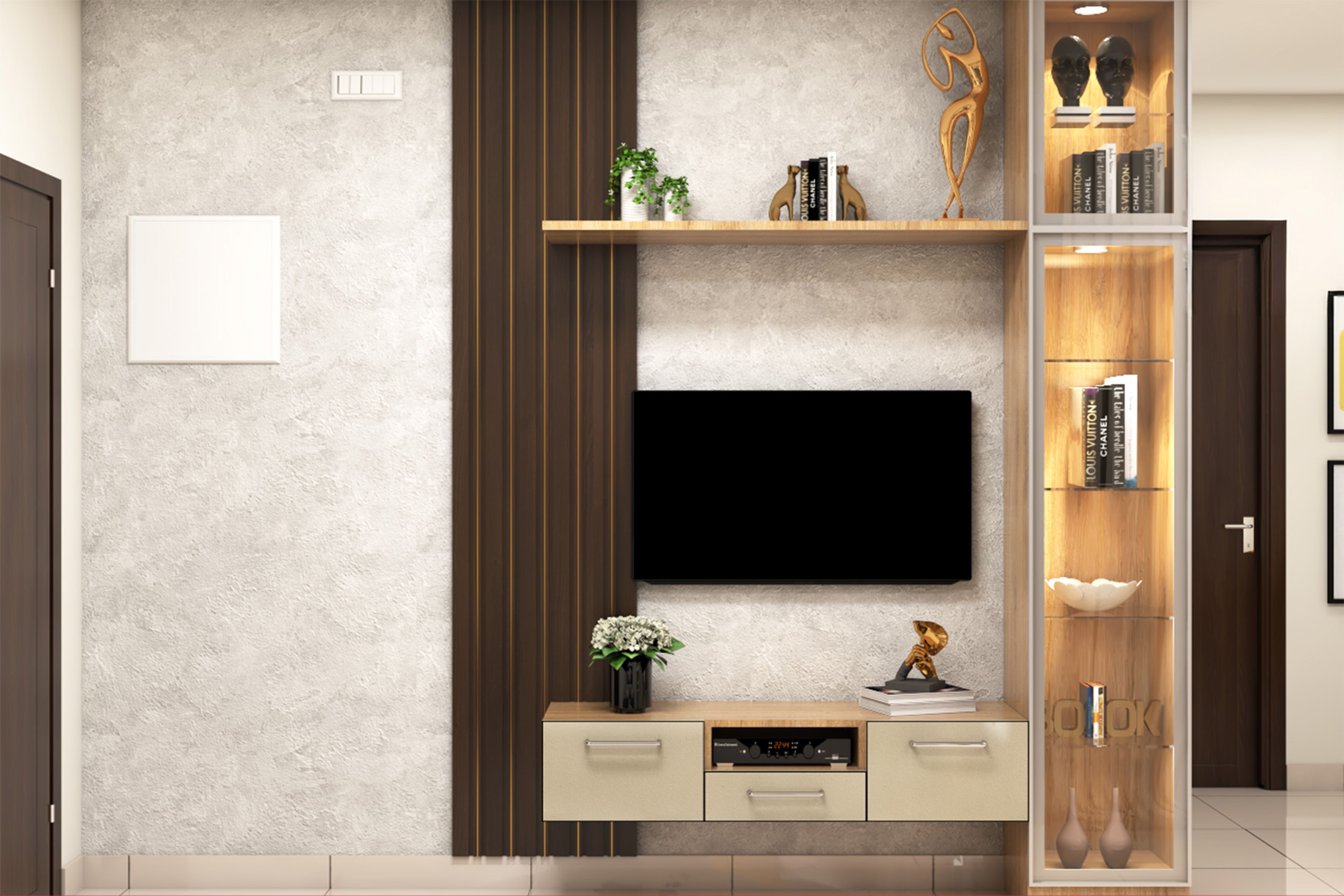 Contemporary TV Unit Design with Glass Display Cabinets and Vertical Wood Slats