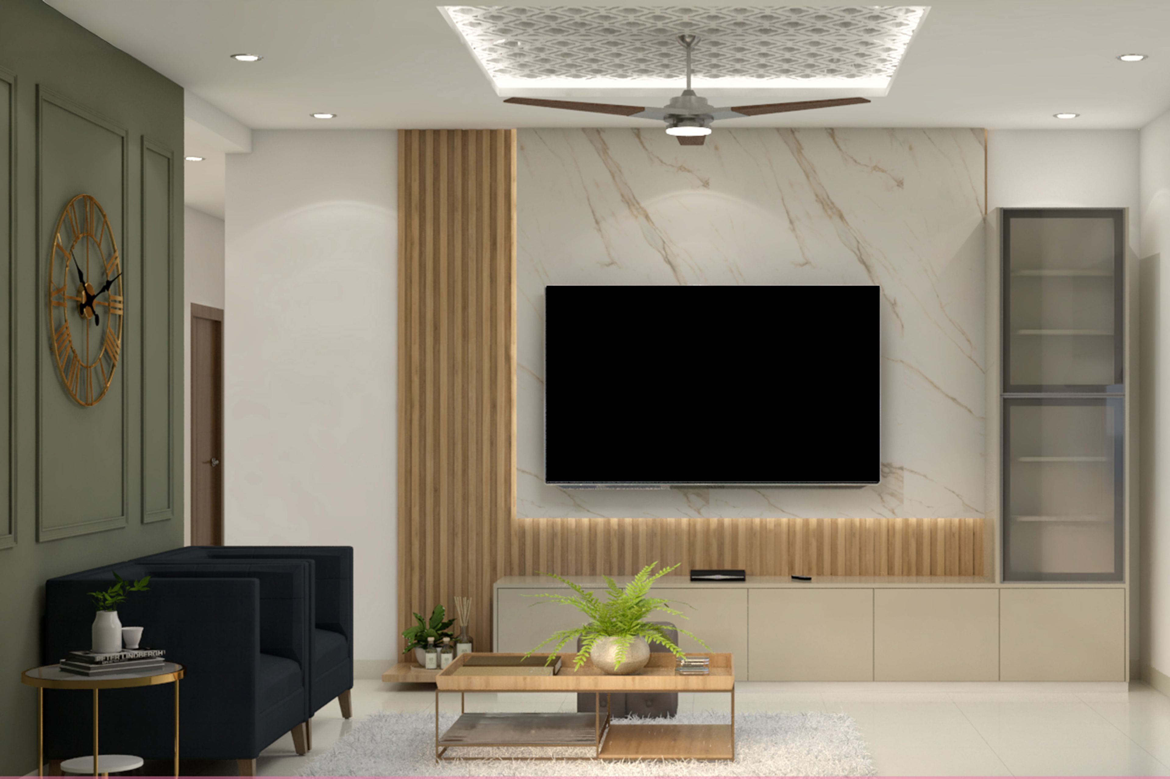 Modern TV Unit Design with Vertical Wood Fins and Marble Pattern Wall