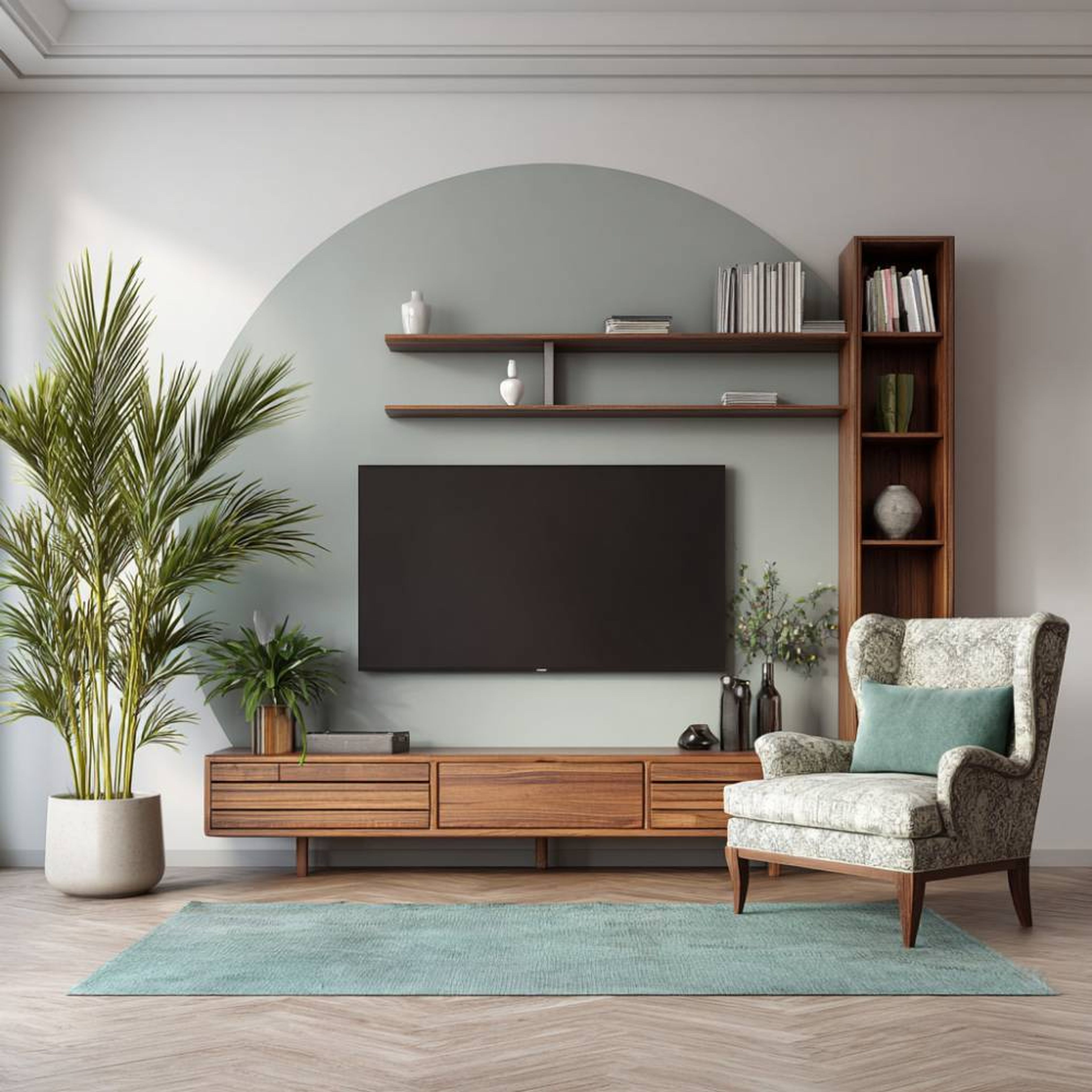 Teak TV unit design with Arch Backdrop and Tall Bookcase