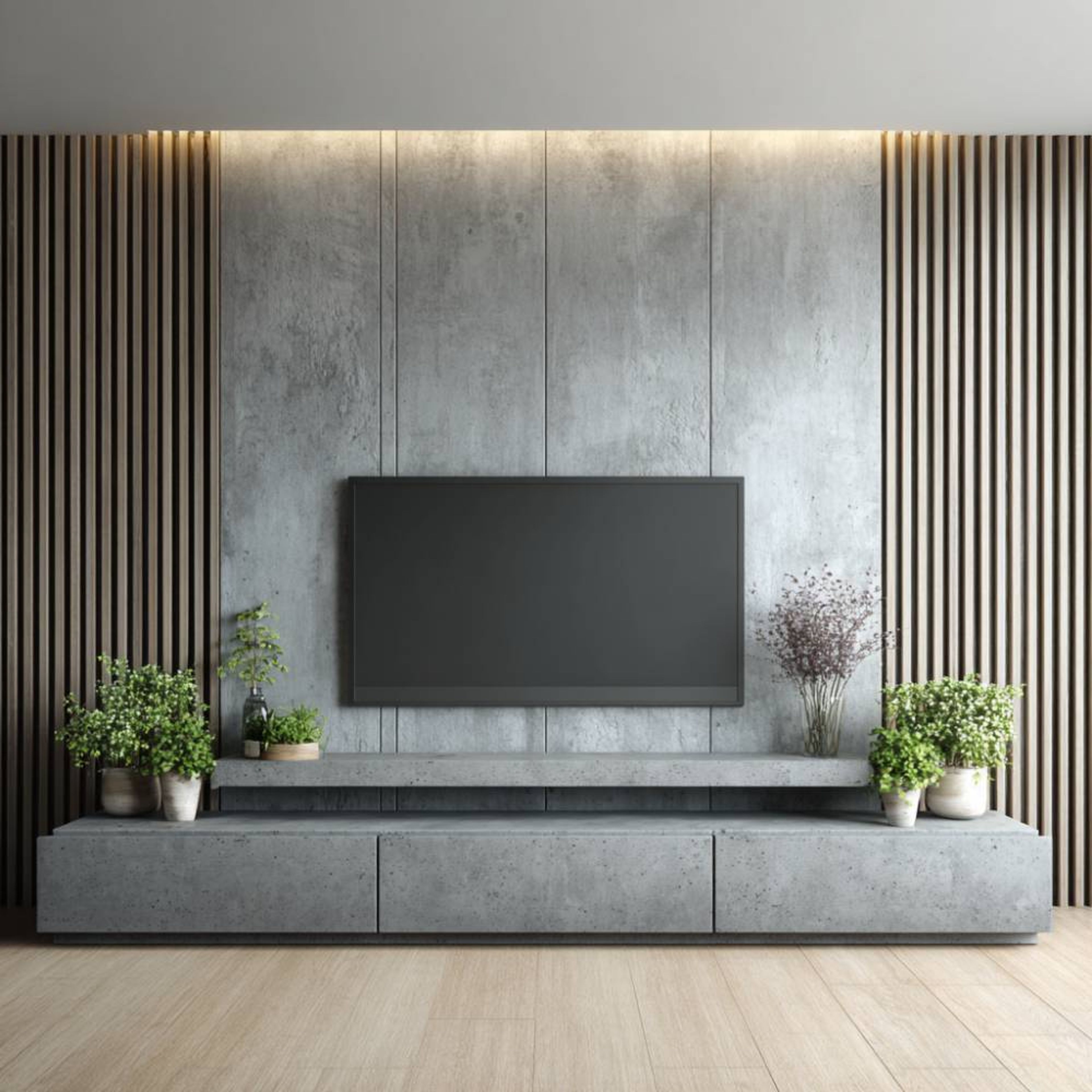 Grey TV Unit Design with Concrete Finish Drawers and Tall Vertical Slats