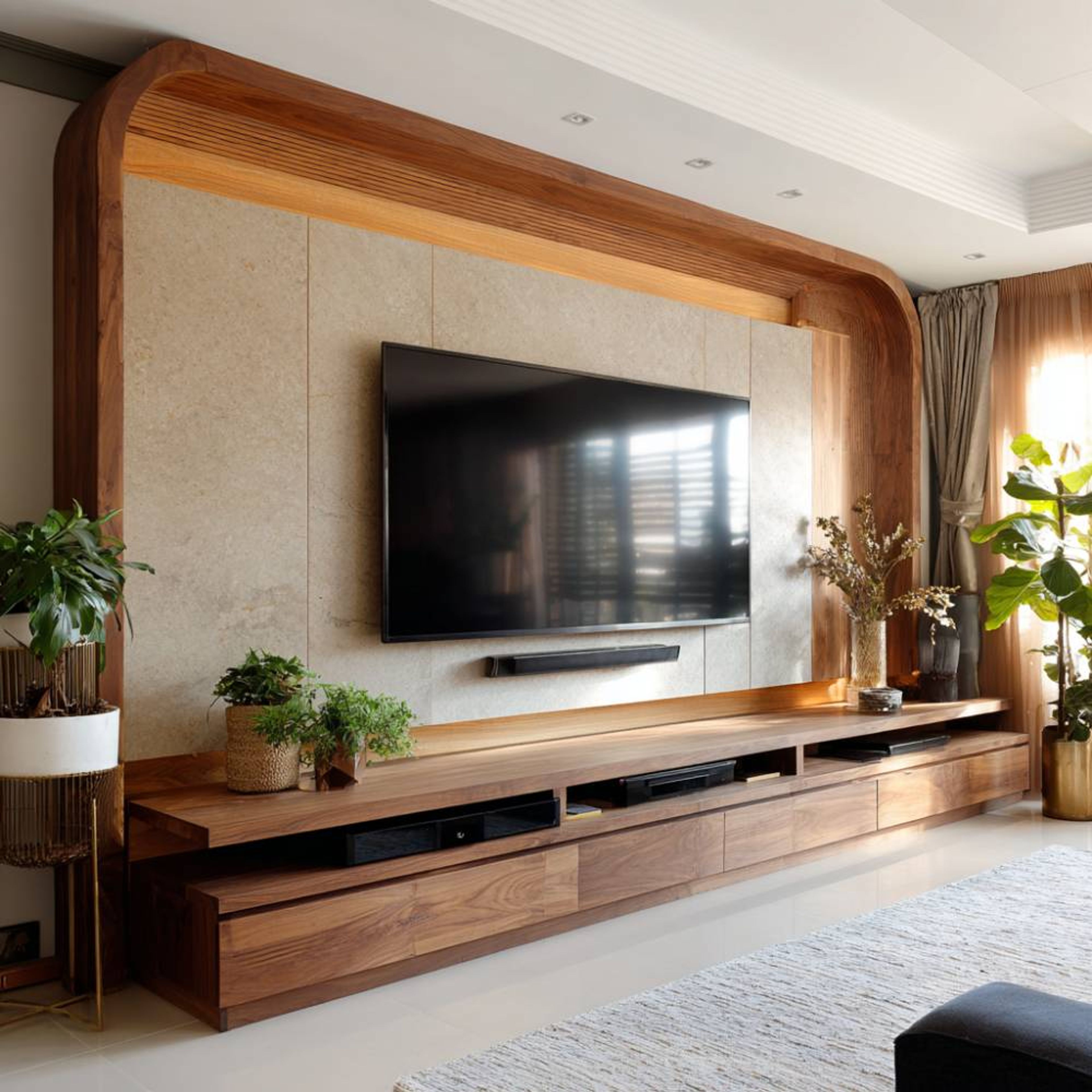 Teak TV Unit Design with Wooden Drawers and Stone Backdrop