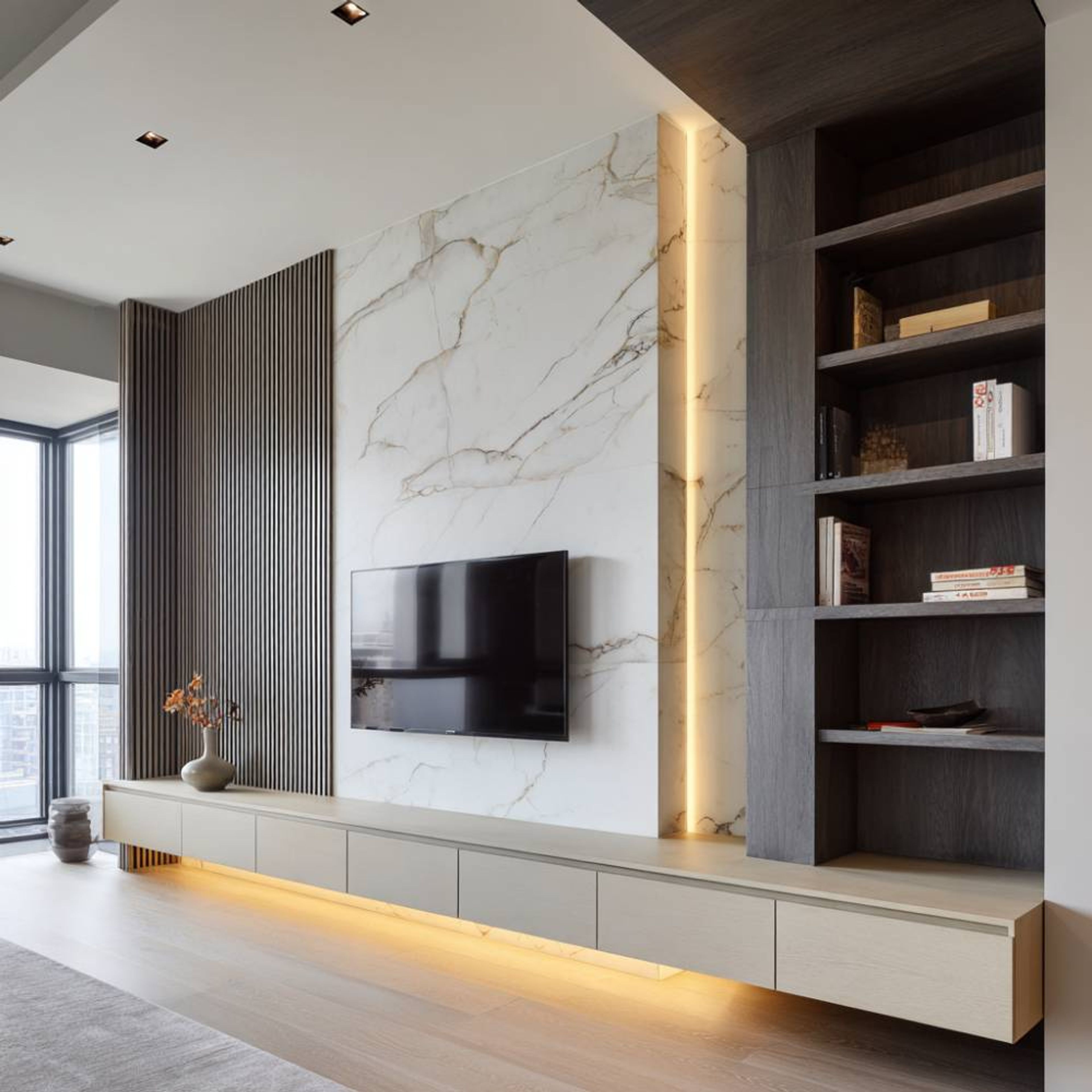 Marble-Backed Acacia and Oak TV Unit Design with Floating Storage and Lighting