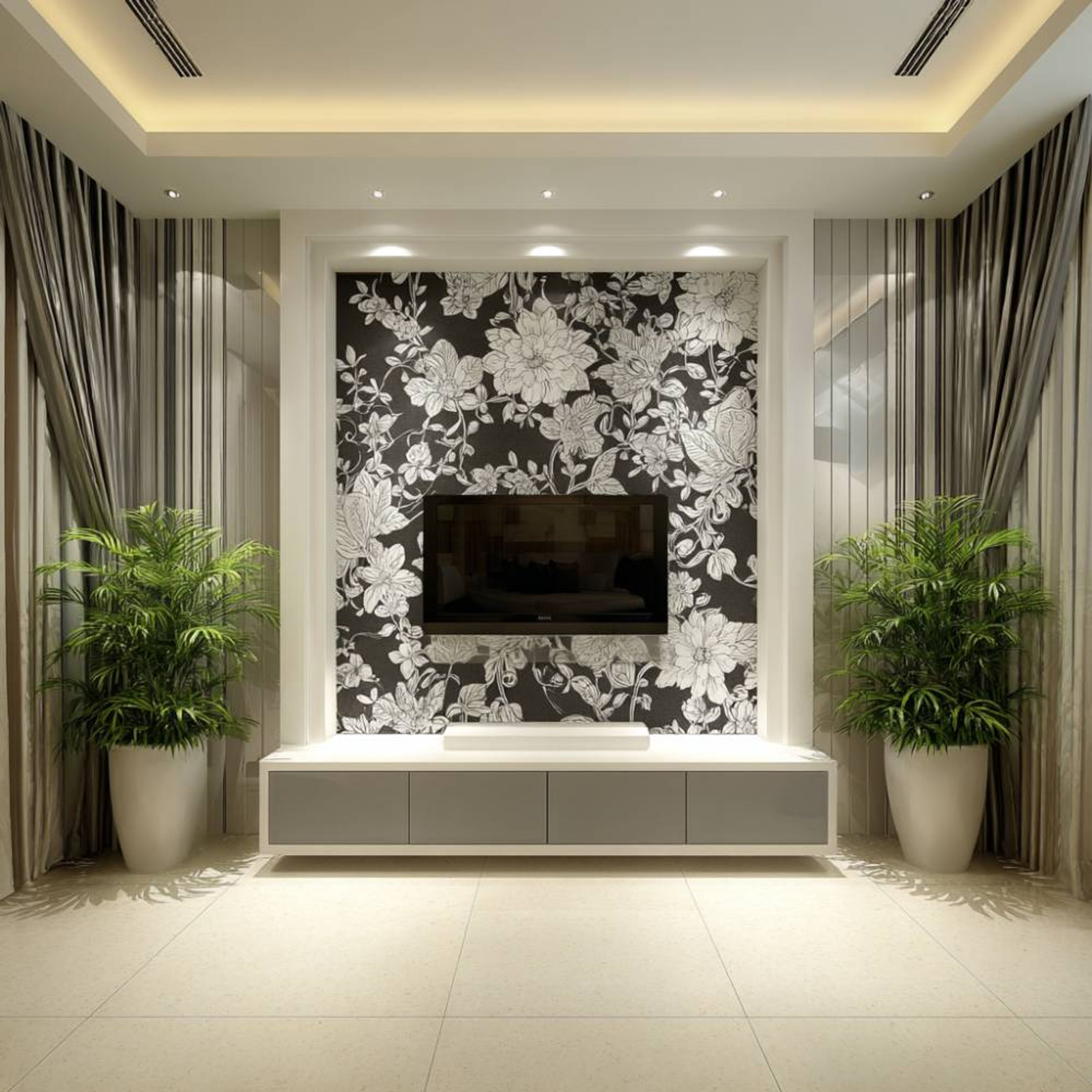 Stone-Backlit Floral Wallpaper TV Unit Design with Floating Drawers and Shelves
