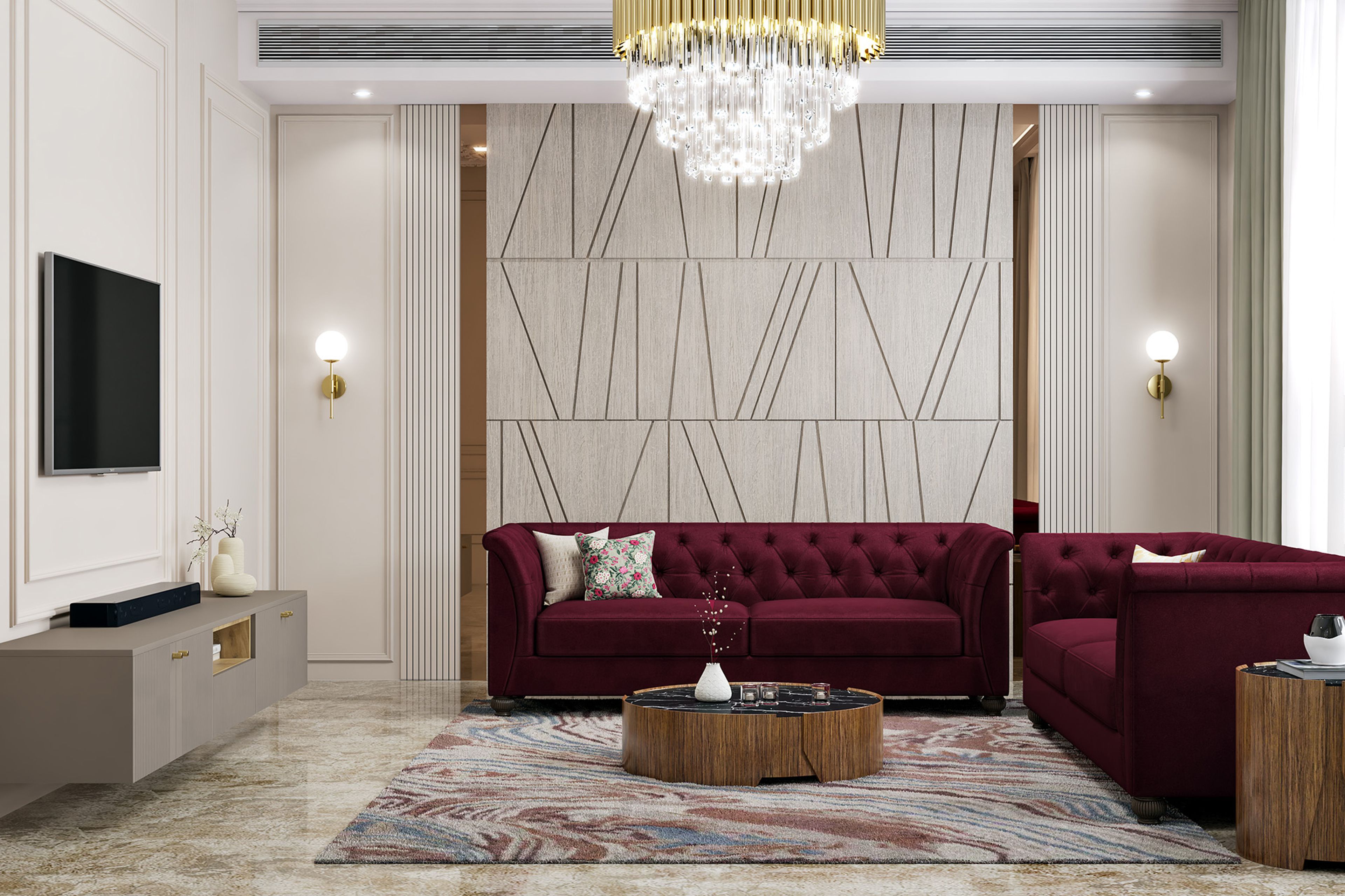 Classic Living Room Wall Design with Textured Geometric Paneling