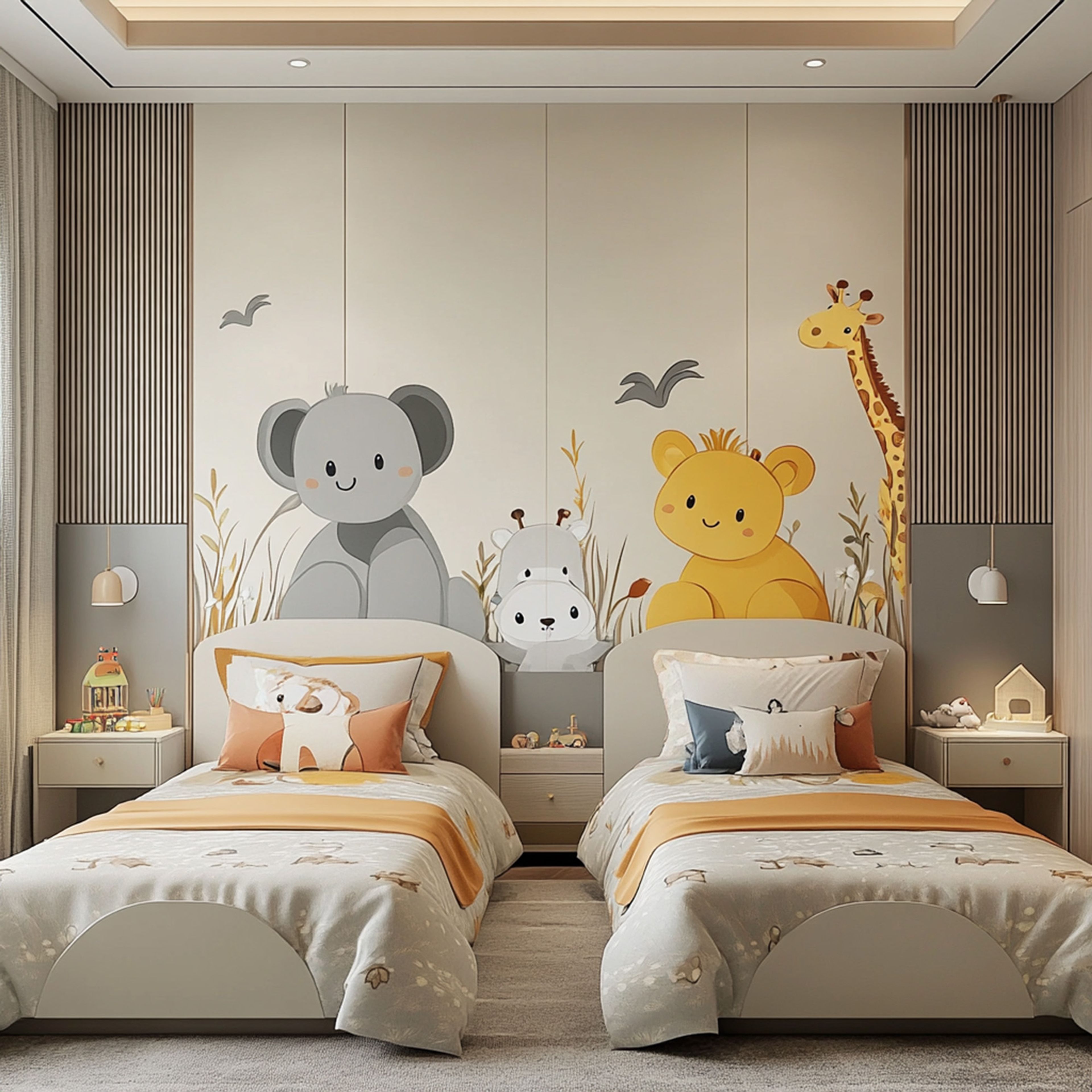 Multicolour Kids Bedroom Wall Design with Wallpaper and Wood Paneling