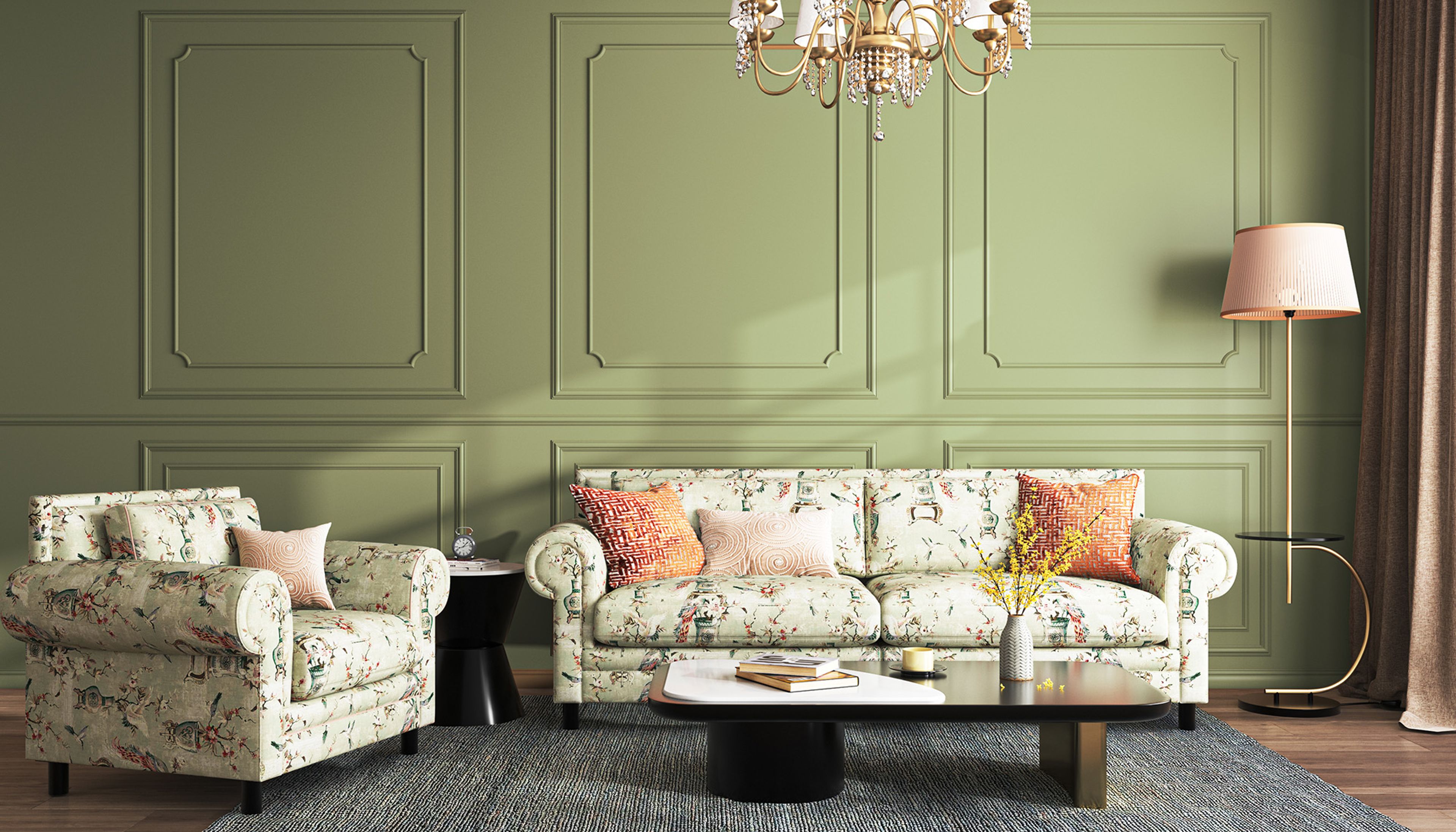 Muted Olive Green Bedroom Wall Panel Design with Decorative Mouldings