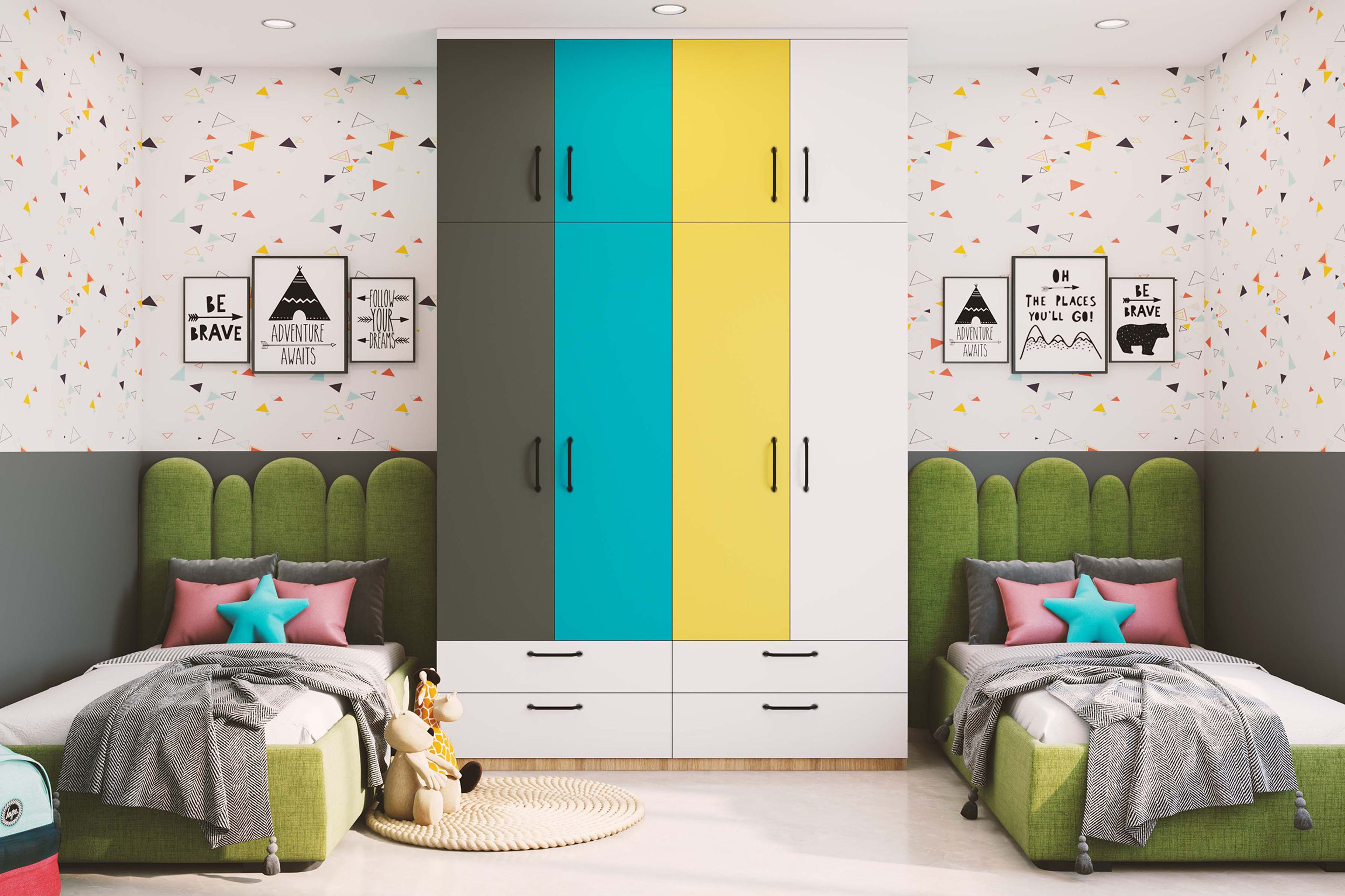 Abstract Geometric Wallpaper Design with Colourful Pattern wnd Grey Wainscoting