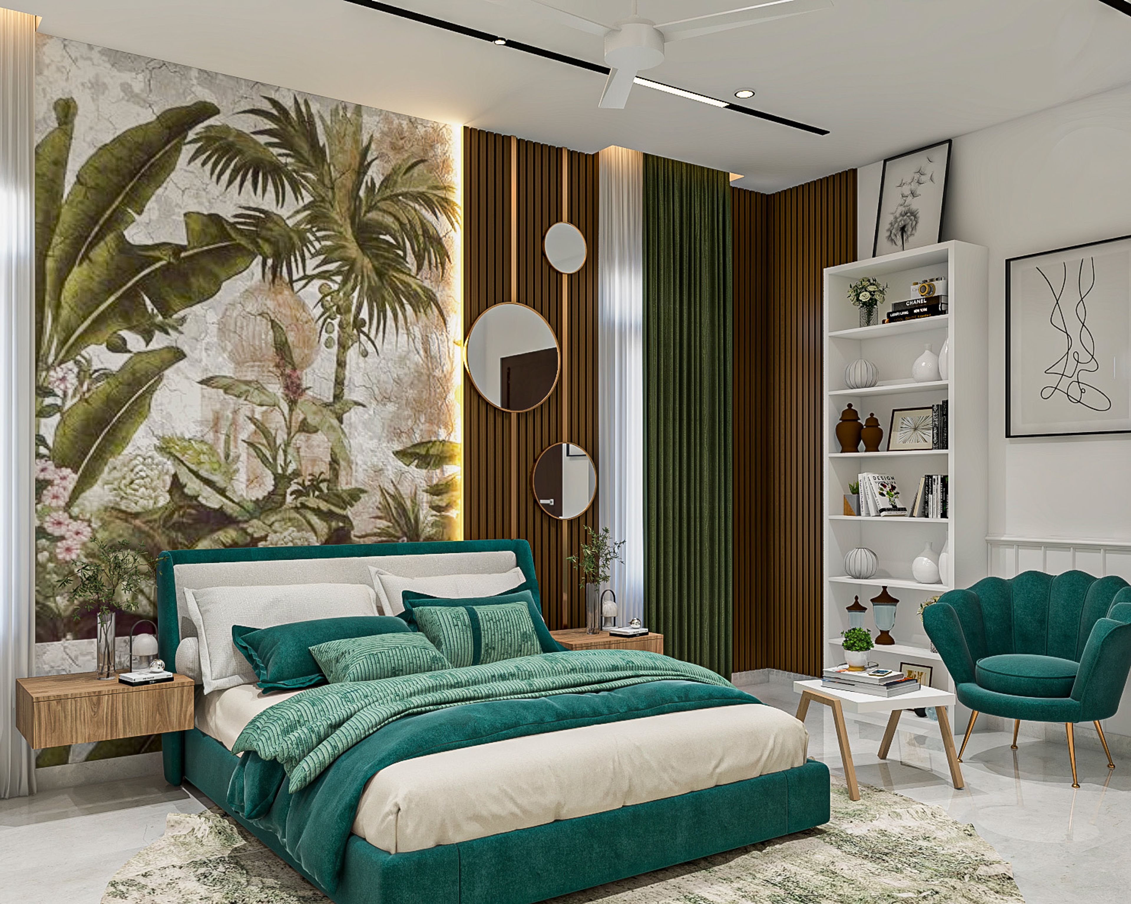 Botanical Bedroom Wallpaper Design with Oversized Leaf Murals