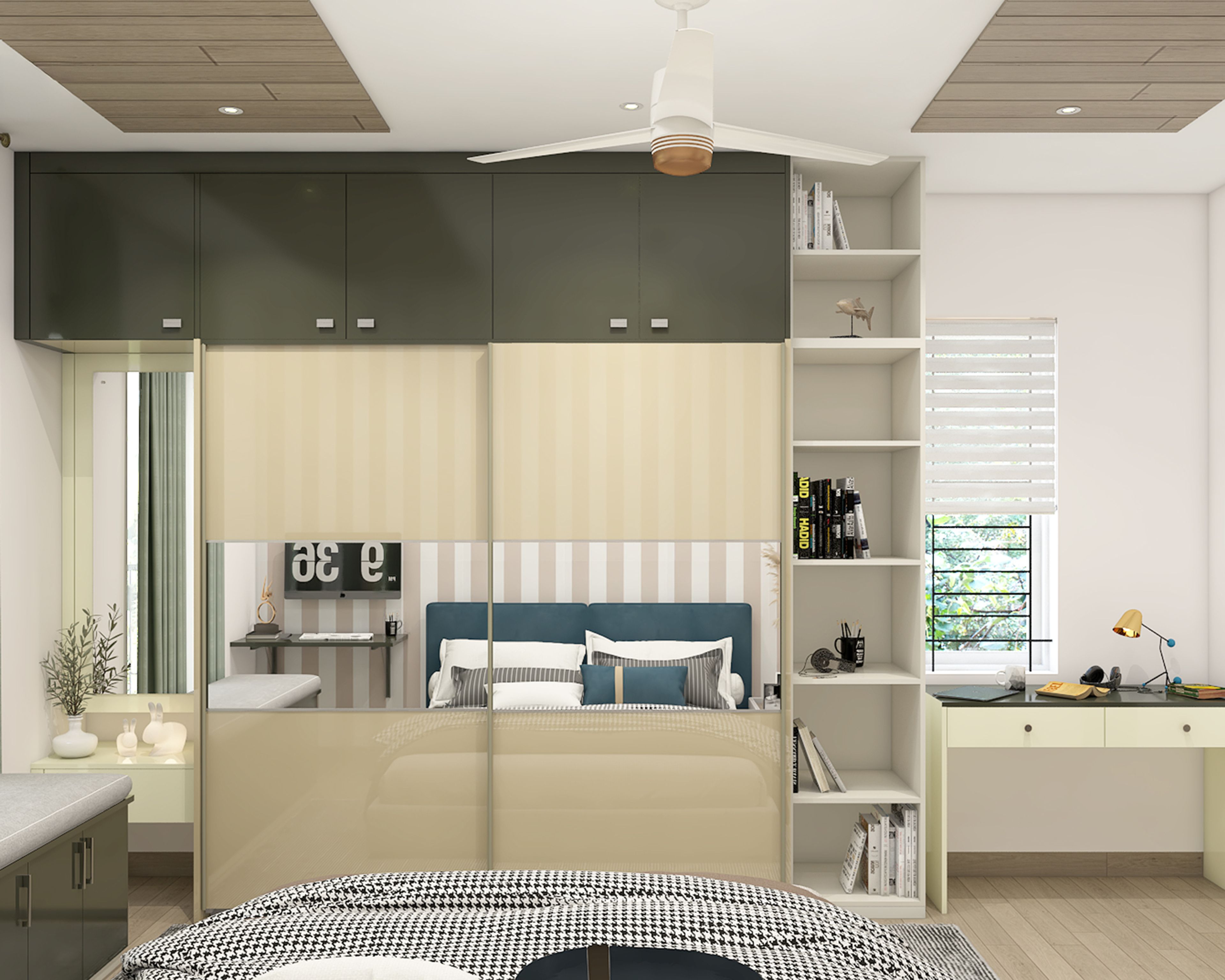 Modern 2-Door Sliding Wardrobe Design Featuring Mirrored Sliding Doors and Tall Storage