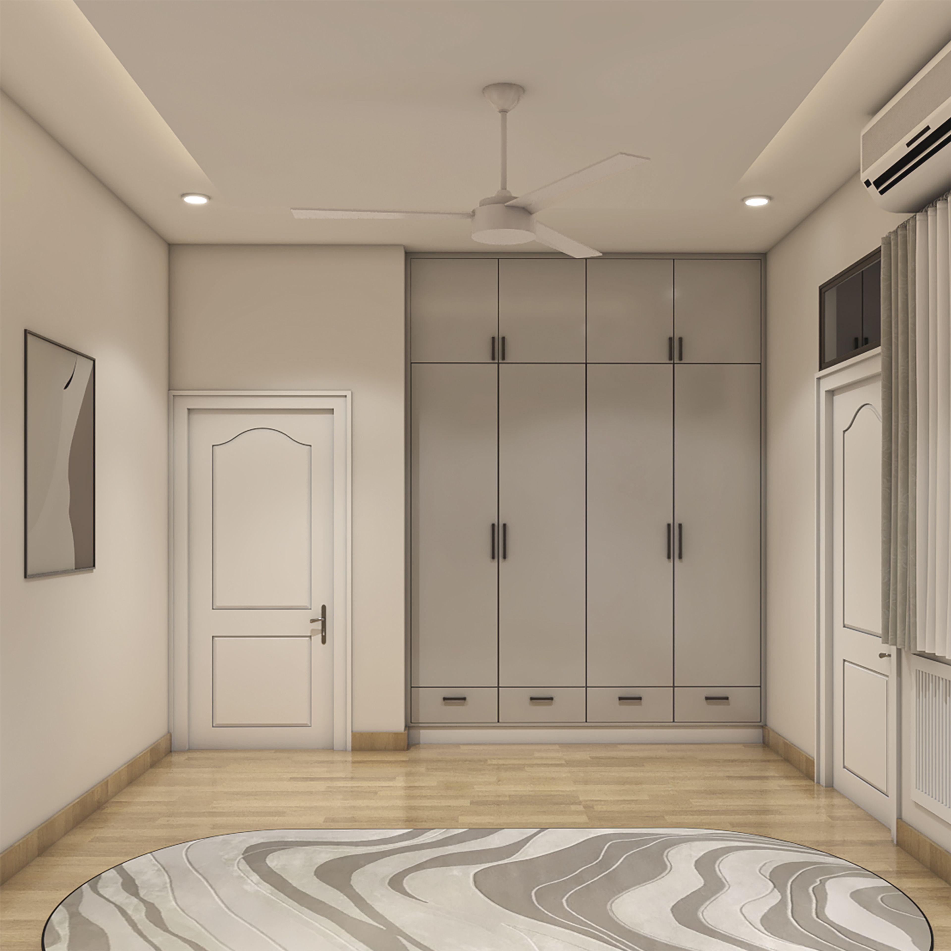 Modern Grey 4-Door Swing Wardrobe Design Featuring Floor-to-Ceiling Storage