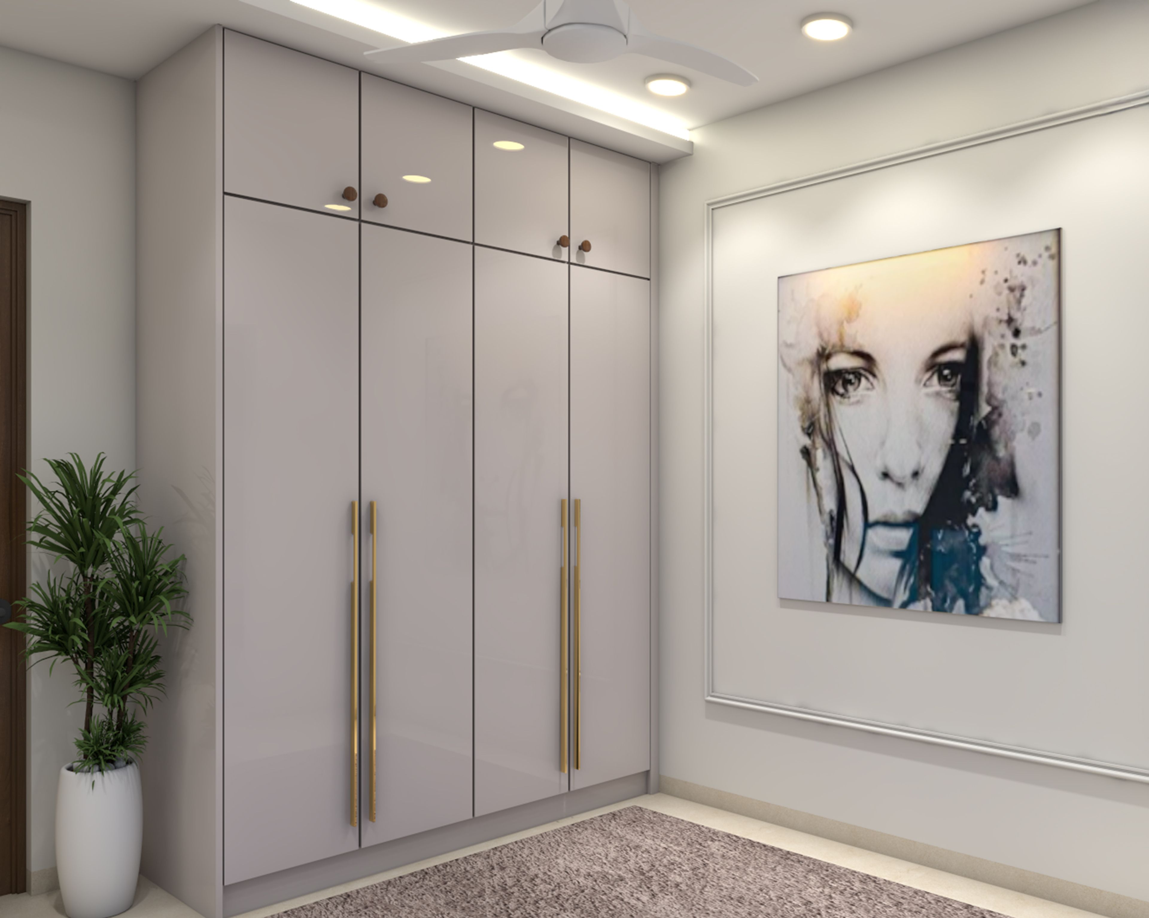 Modern 4-Door Lavender Swing Wardrobe Design with Glossy Finish and Overhead Storage