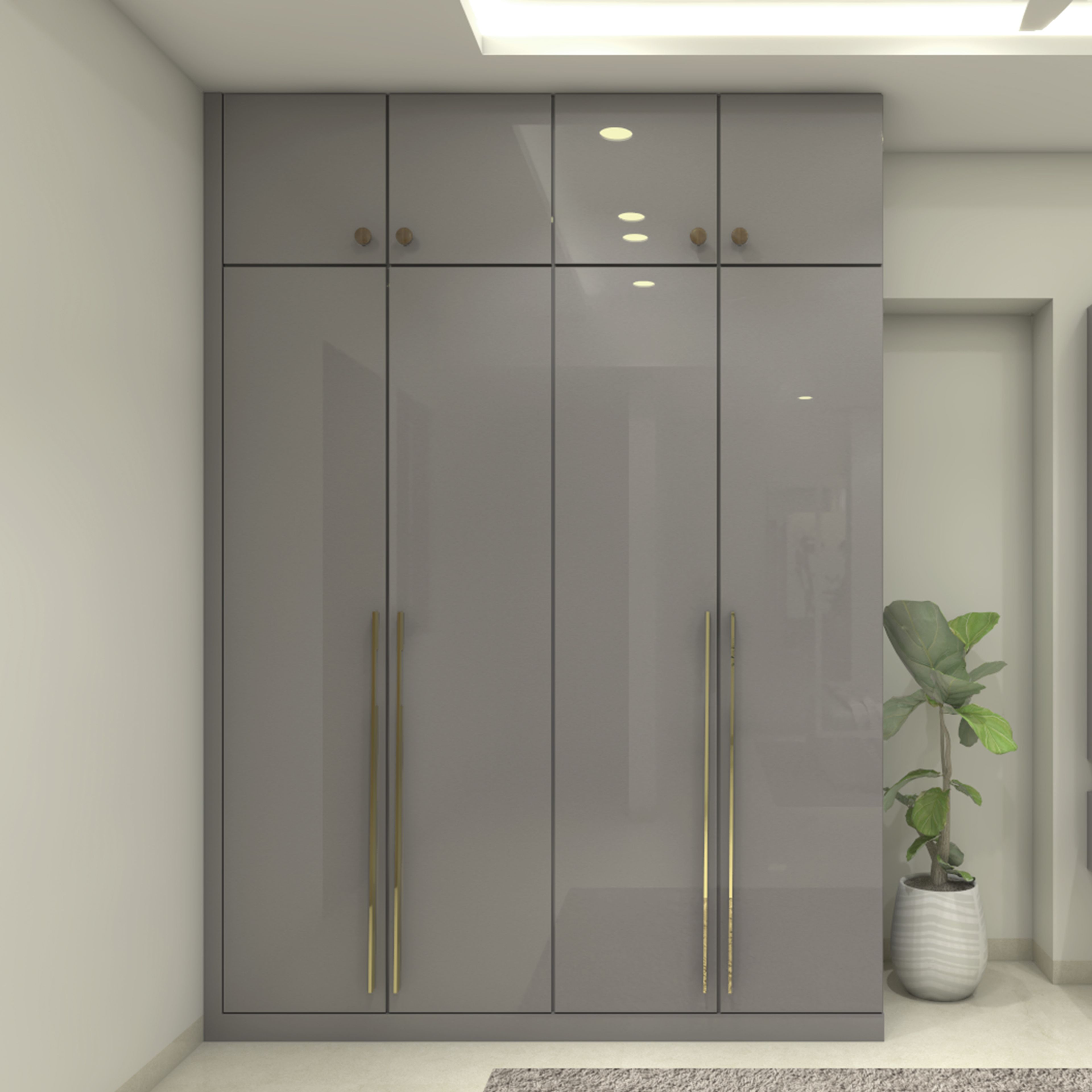 Modern 4-Door Pearl Swing Wardrobe Design with Glossy Finish and Overhead Storage